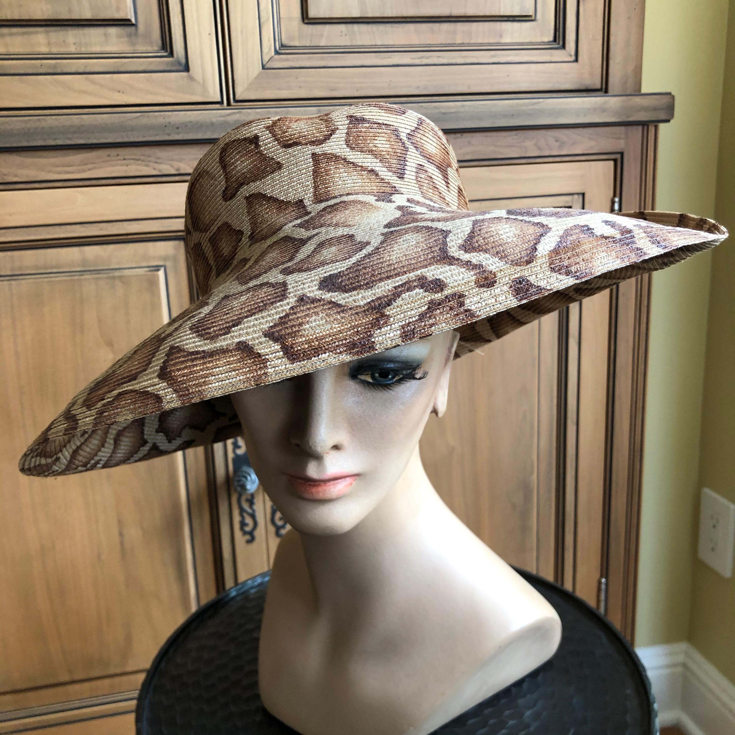 Eric Javits Wide Brim Giraffe Print Straw Hat For Sale 1