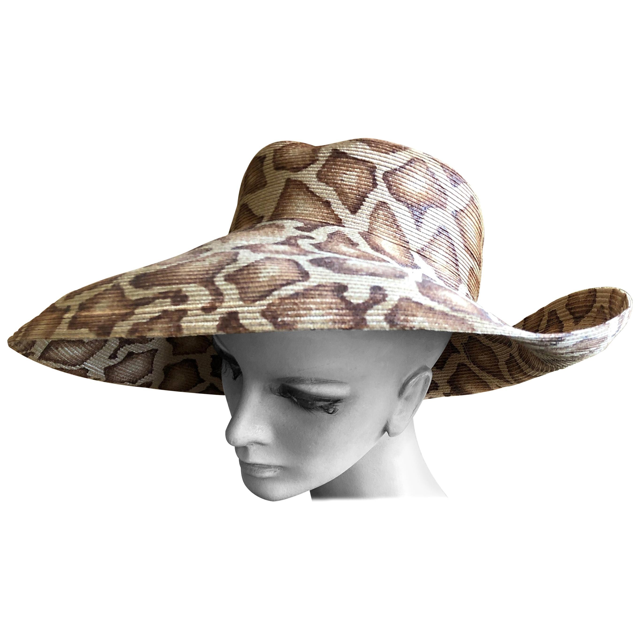 Eric Javits Wide Brim Giraffe Print Straw Hat For Sale