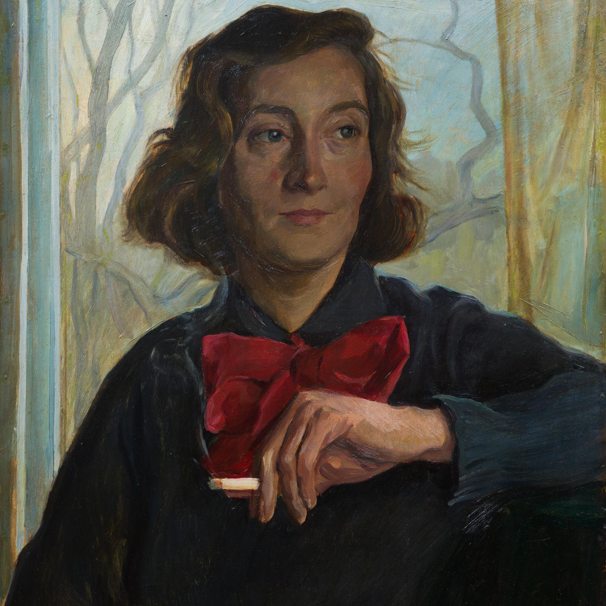 Ritratto di donna con fiocco rosso, 1940 - Painting di Eric Johansson