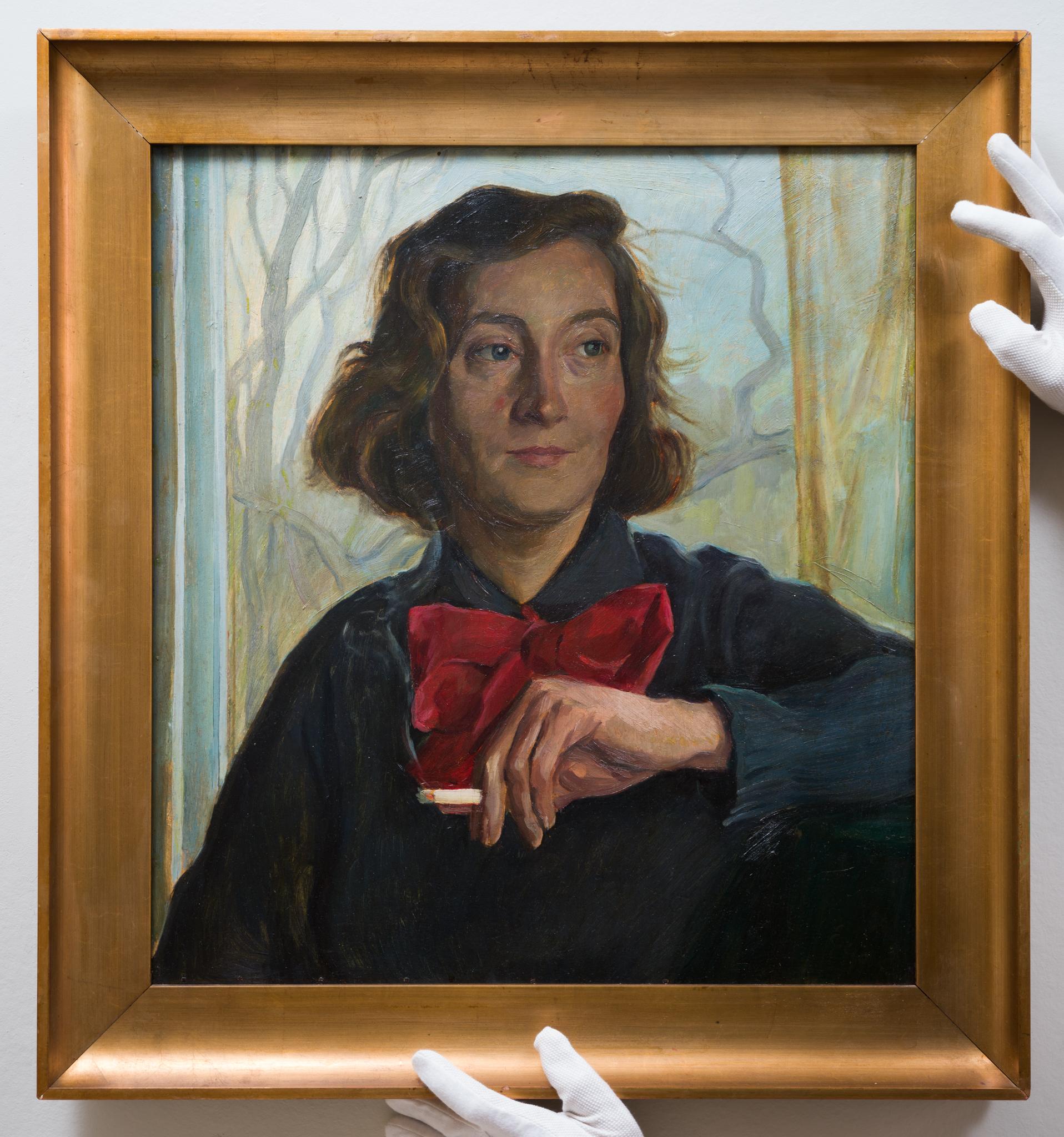 Ritratto di donna con fiocco rosso, 1940 - Portrait Painting Nero di Eric Johansson
