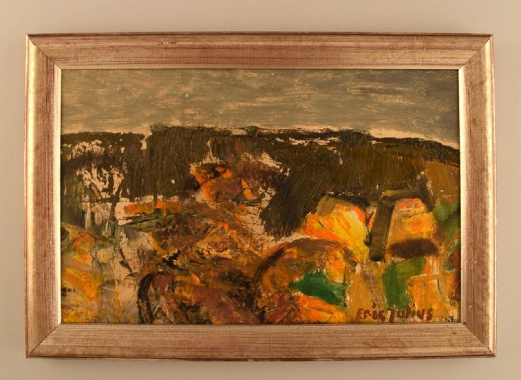 Eric Julius (1920-1995), a listed Swedish artist. Oil on board. Modernist landscape. Dated 1969.
The board measures: 26.5 x 17 cm.
The frame measures: 2.5 cm.
In excellent condition.
Signed and dated.
