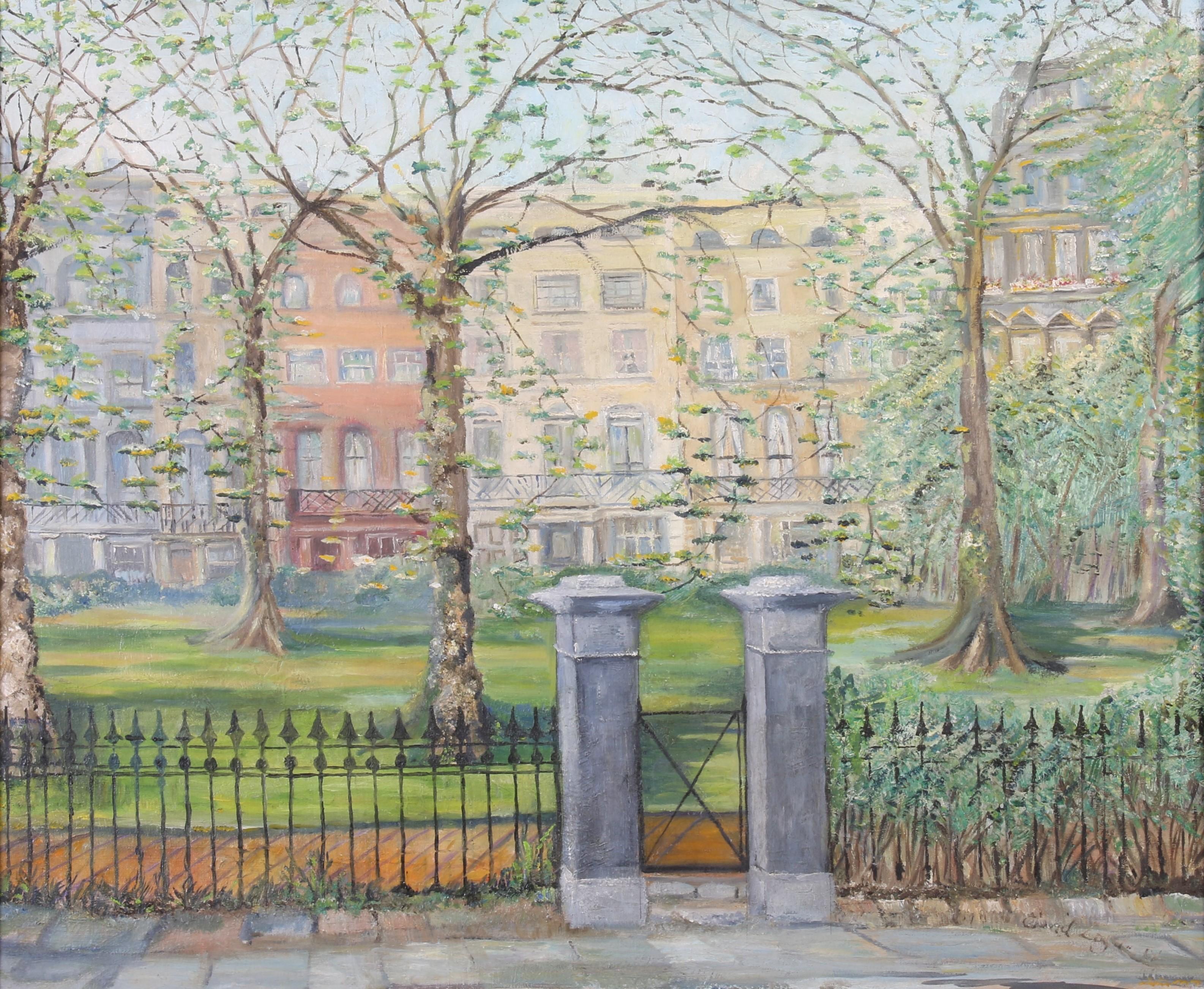 Eric Henri Kennington R.A.  1888-1960 , was an English painter, sculptor and illustrator, and was a War Artist in both the first and second World Wars. This painting, oil on canvas, signed lower right, is a view through the trees of Brunswick Square