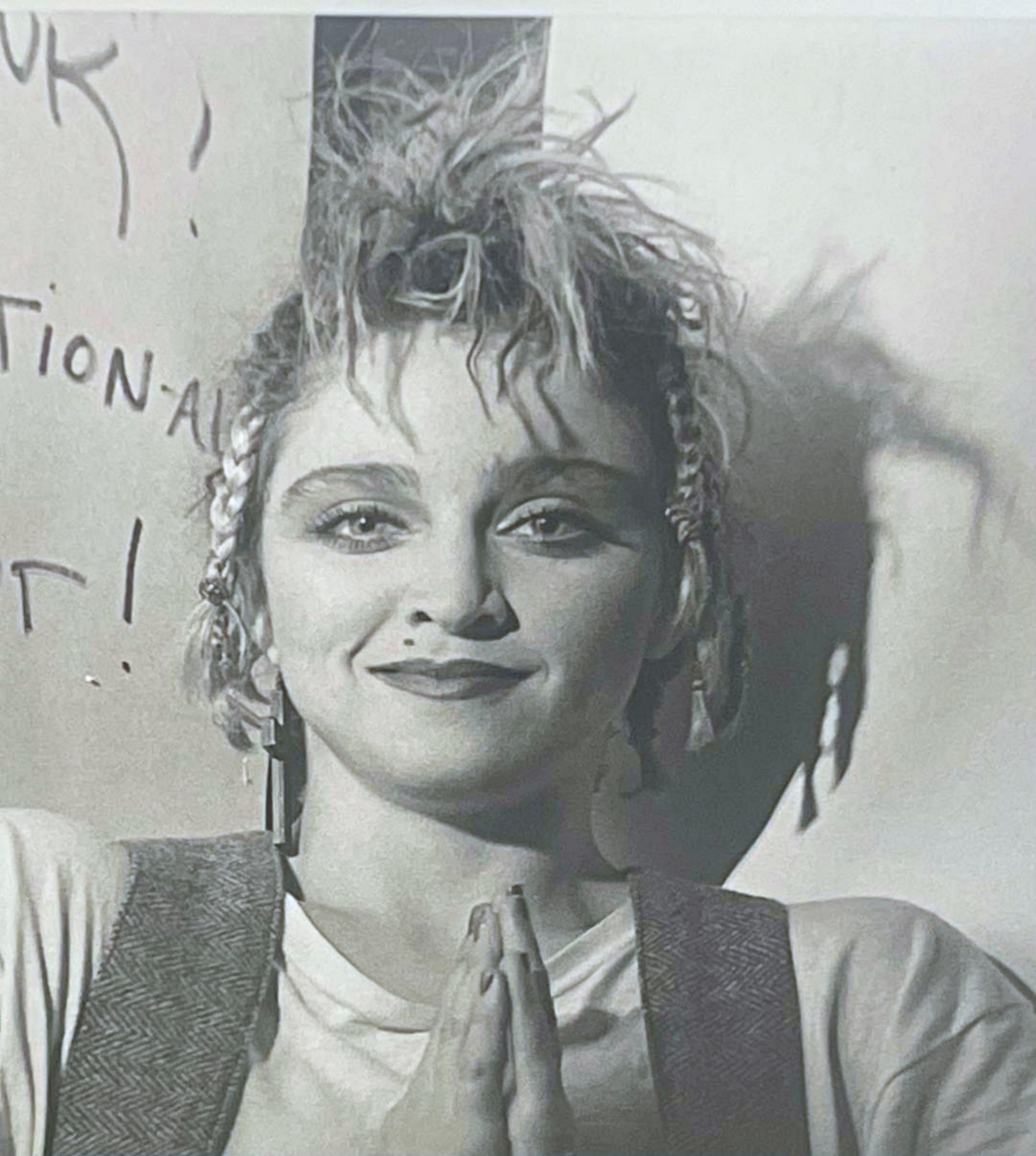 Madonna at Danceteria NYC 1983 Memorial for Michael Stewart photograph, Signed - Gray Portrait Photograph by Eric Kroll
