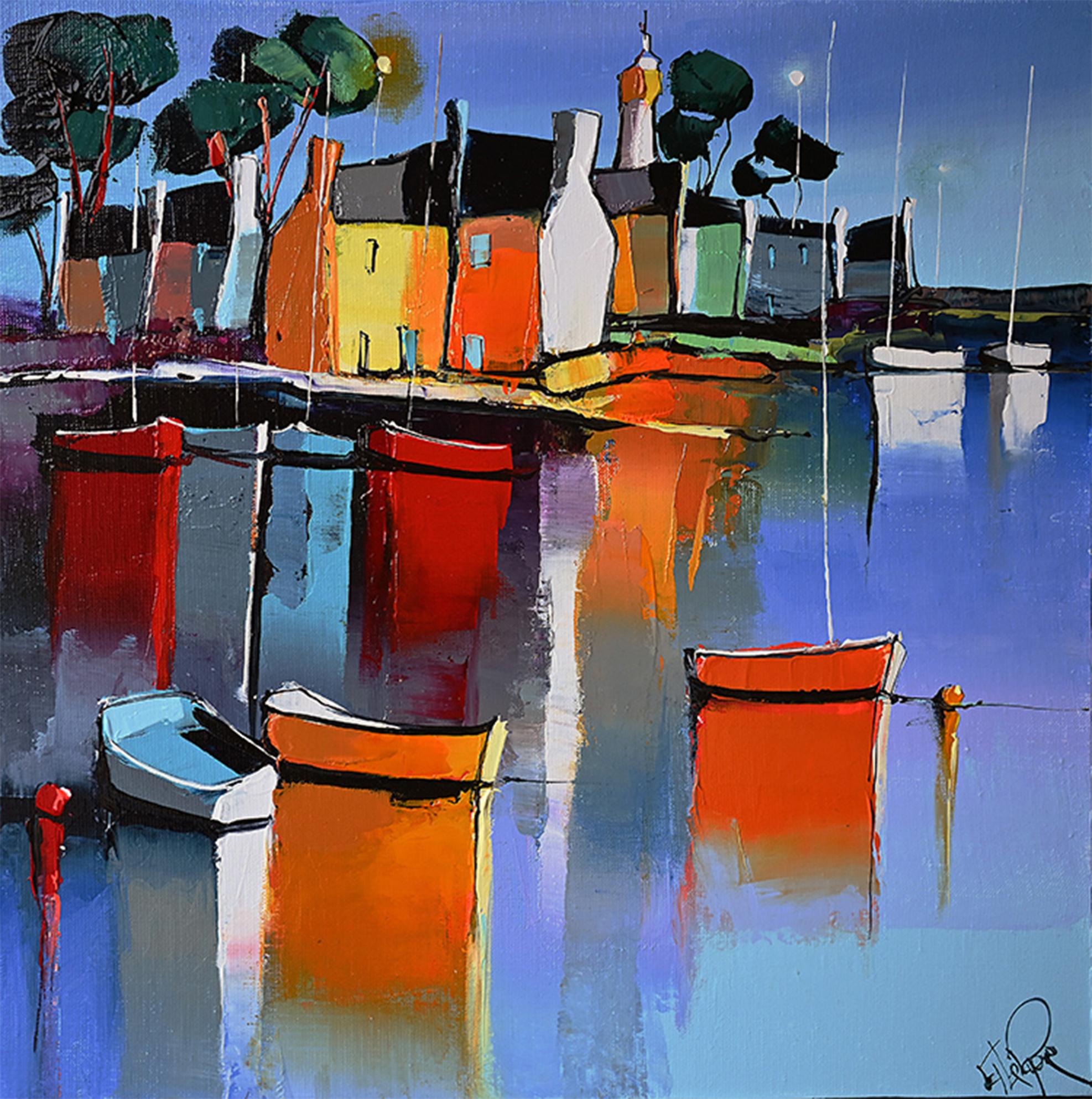 A L'ombre Du Phare - Ships In The Ocean - Landscape Painting by Eric Le Pape