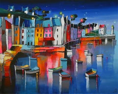 Sauzon By Night - Ships In The Ocean - Landscape Painting by Eric Le Pape