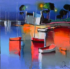 Soirée Plage - Ships In The Ocean - Landscape Painting by Eric Le Pape