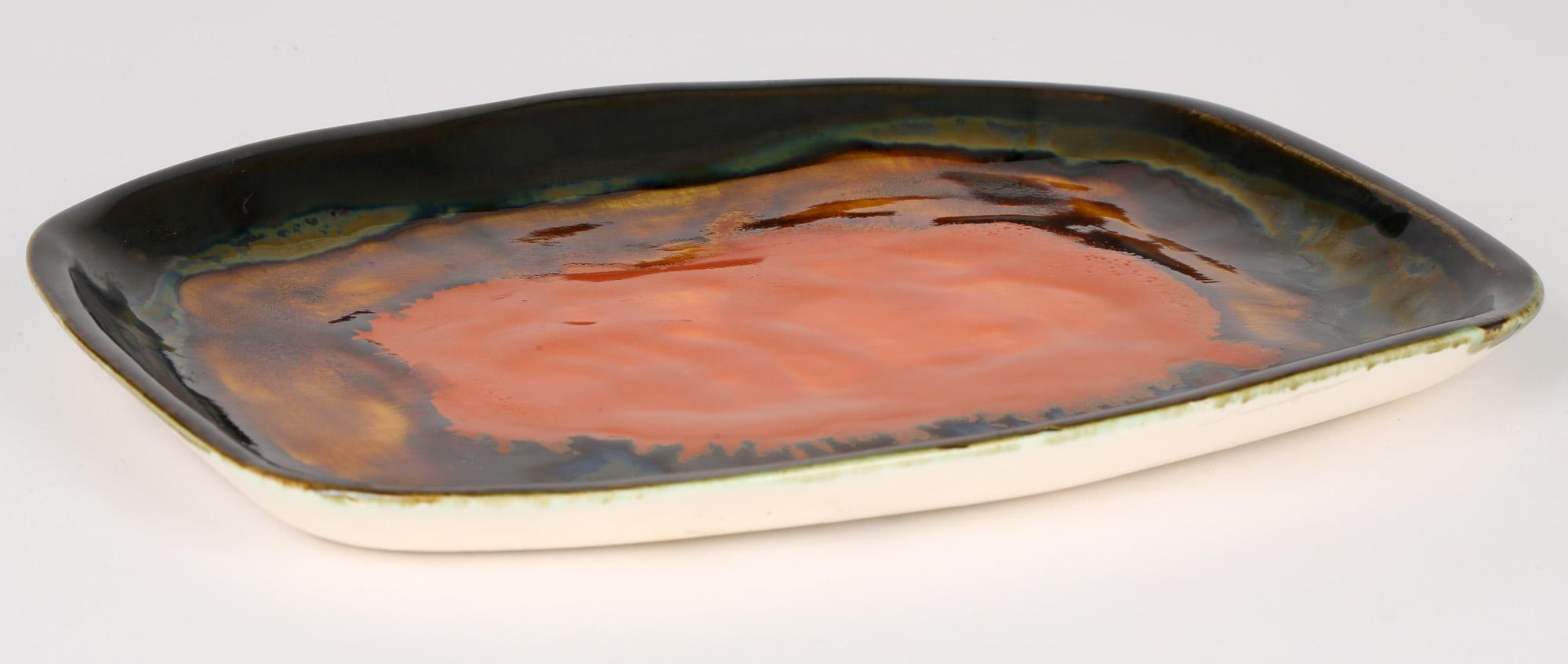 Eric Leaper Newlyn Studio Pottery Orange Glazed Tray or Shallow Dish In Good Condition For Sale In Bishop's Stortford, Hertfordshire