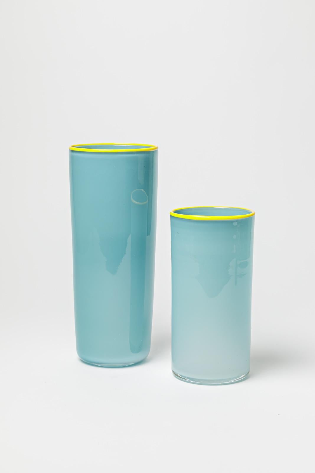 Modern Eric Lindgren set of 2  light blue and yellow glass vases design 1996 unique For Sale