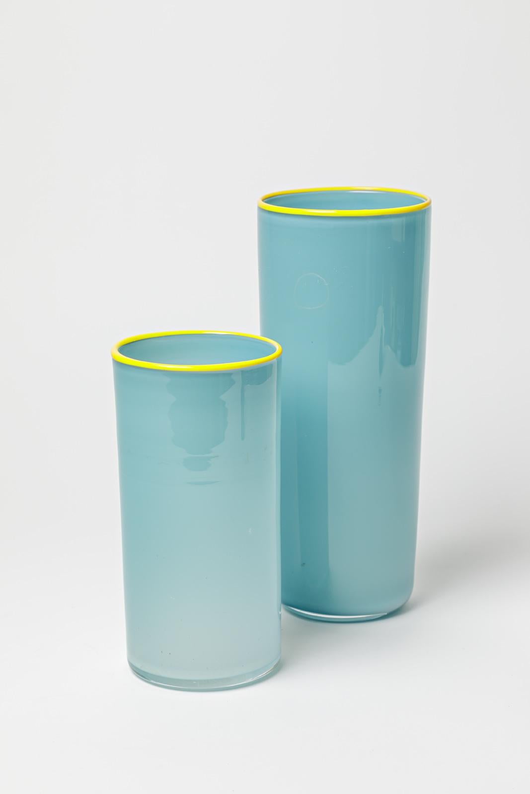 20th Century Eric Lindgren set of 2  light blue and yellow glass vases design 1996 unique For Sale