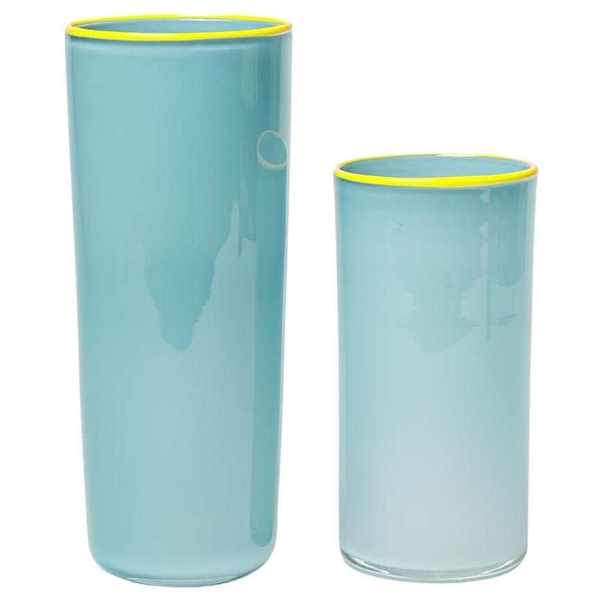 Eric Lindgren set of 2  light blue and yellow glass vases design 1996 unique For Sale