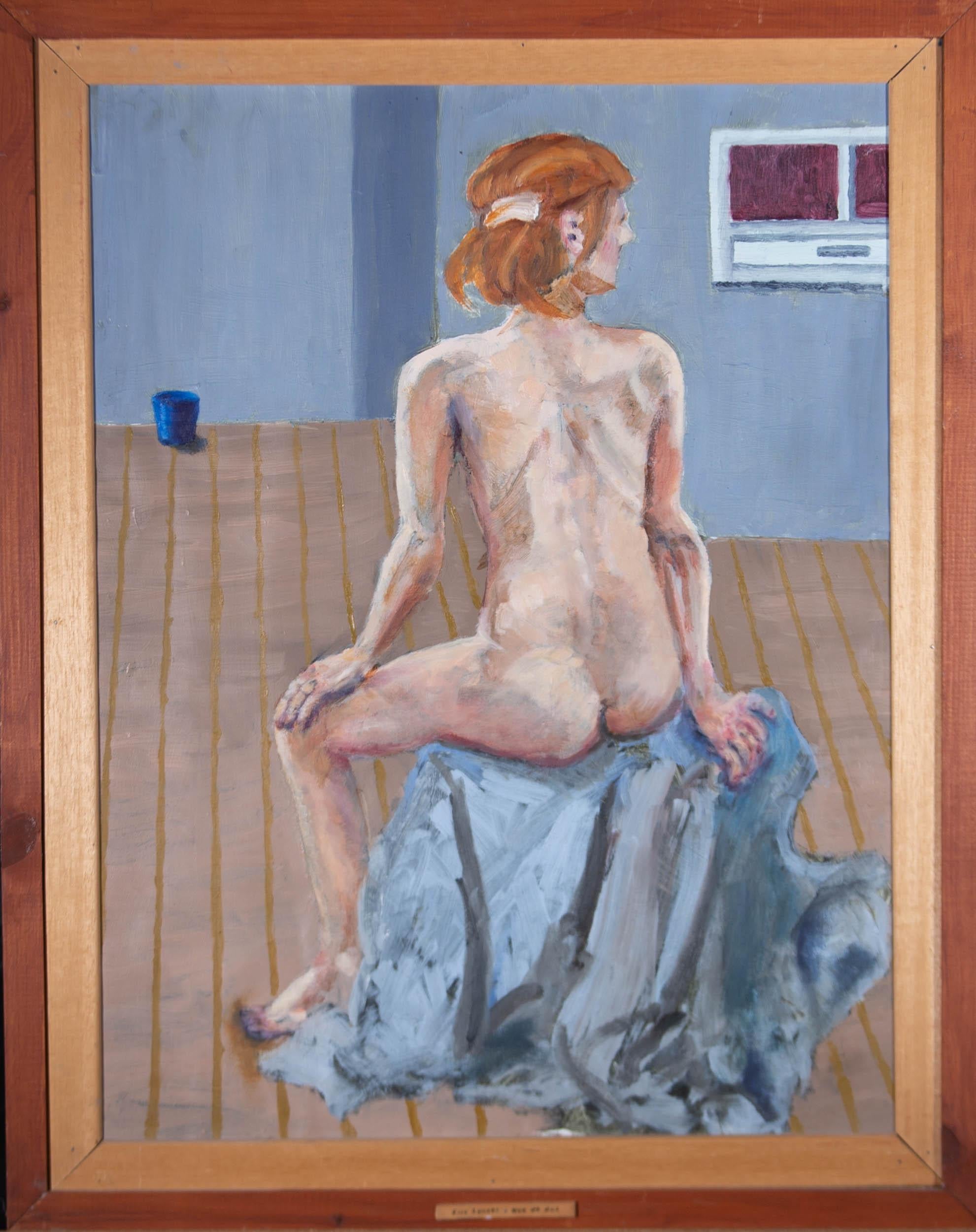 A female nude with the figure seated with her back to the viewer. Presented in a wooden frame with contrasting wooden slip. Label with artist's name and the title of the work to the lower edge of the frame. Artist's label to the reverse. On wove