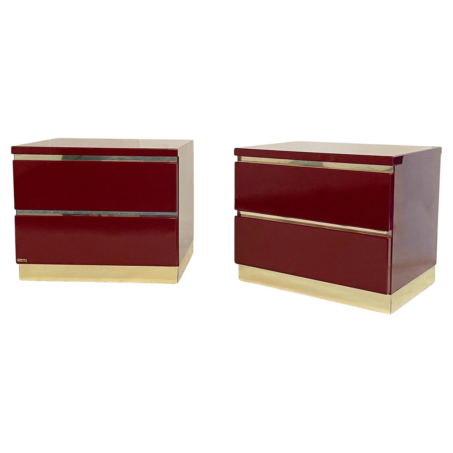 Eric Maville Burgundy Brass Bedside Tables 1980s 1970s Hollywood Regency French 