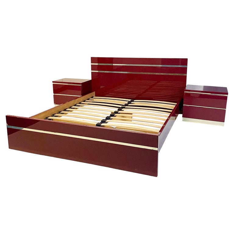 Eric Maville Burgundy Brass Double Bed Bedside Tables 1980s 70s Hollywood Regenc For Sale at 1stDibs