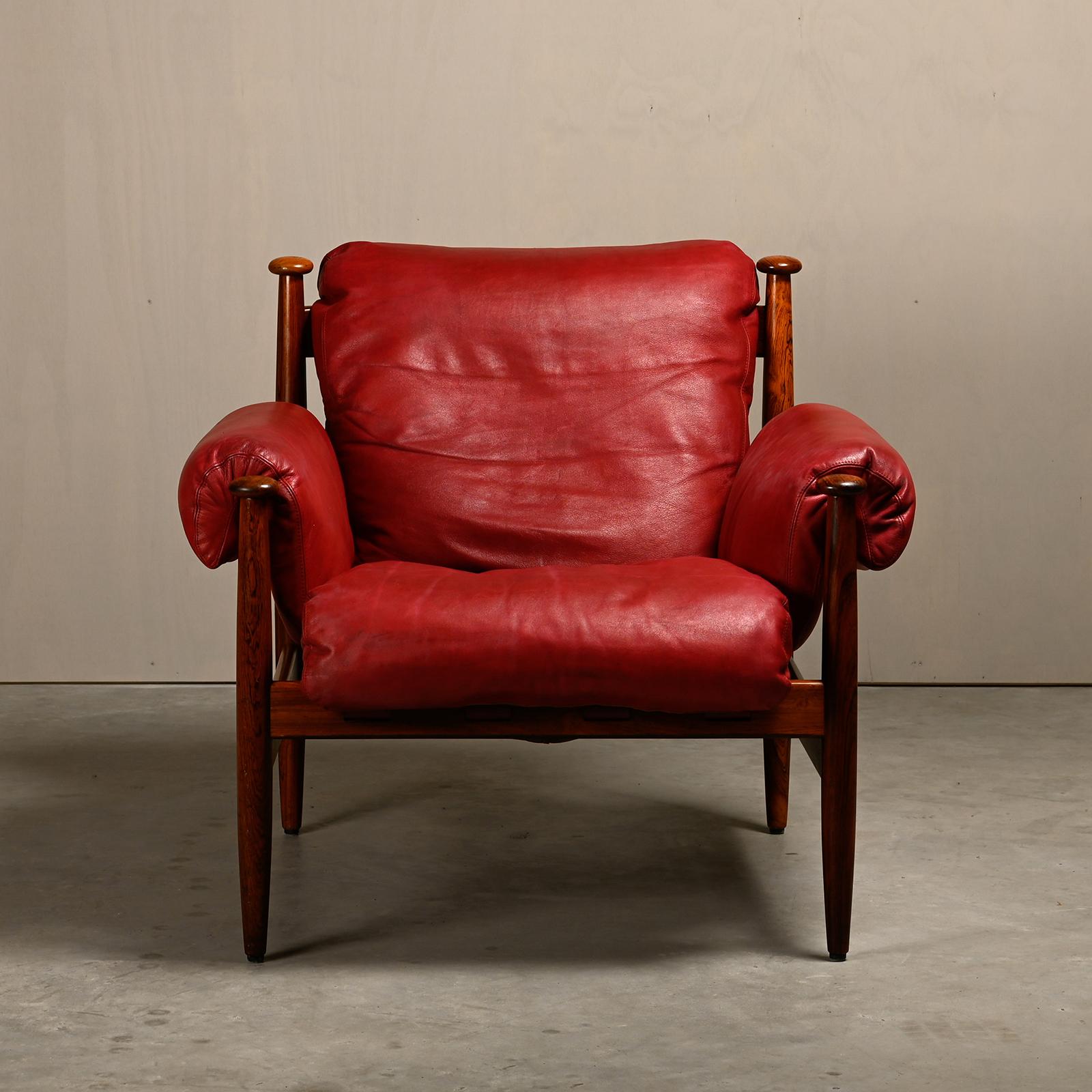 Scandinavian Modern Eric Merthen Amiral Lounge Chair in dark wood and red leather for IRE Möbler For Sale