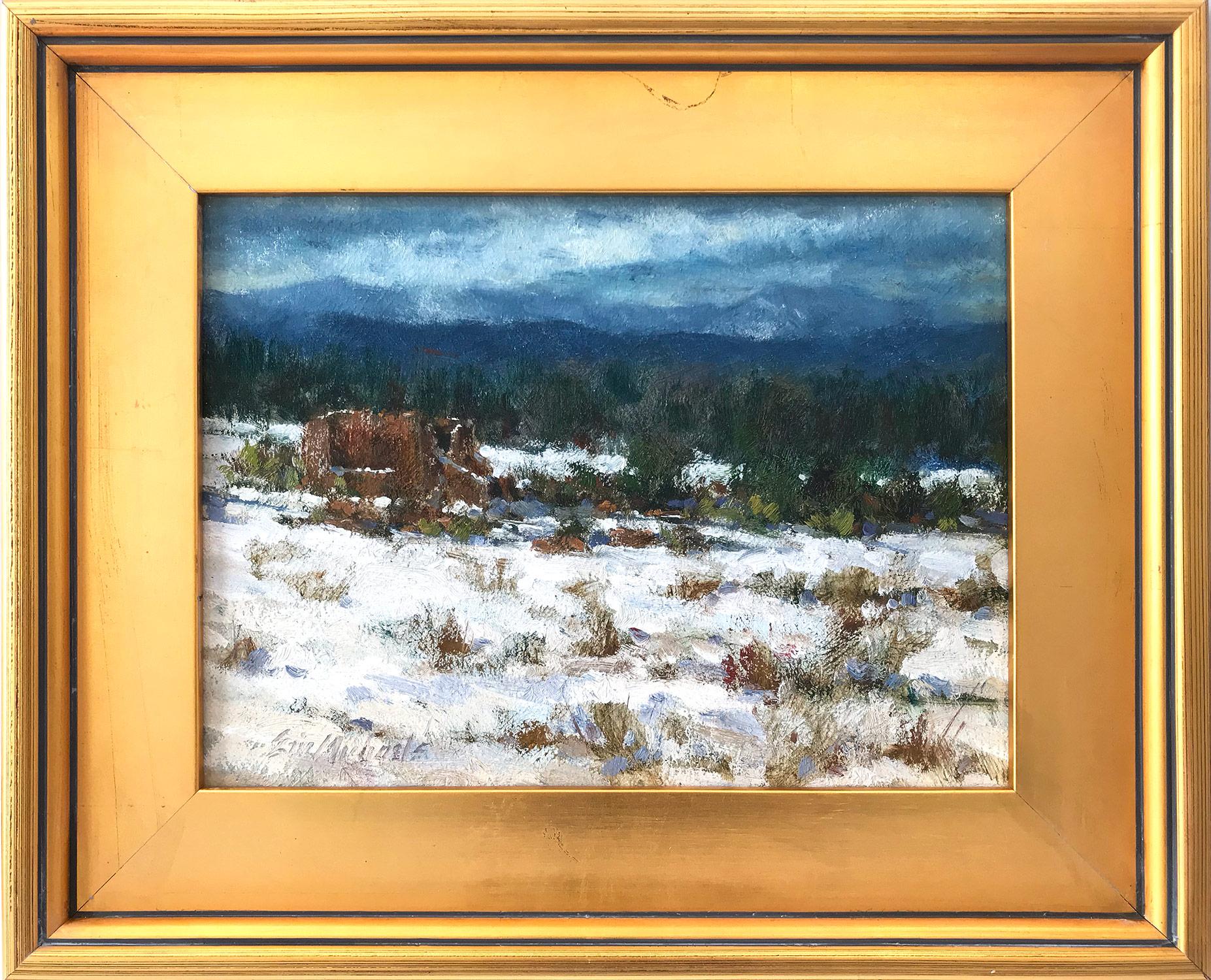 Peinture à l'huile impressionniste « Winter in Pecos » - Paysage avec neige et montagnes