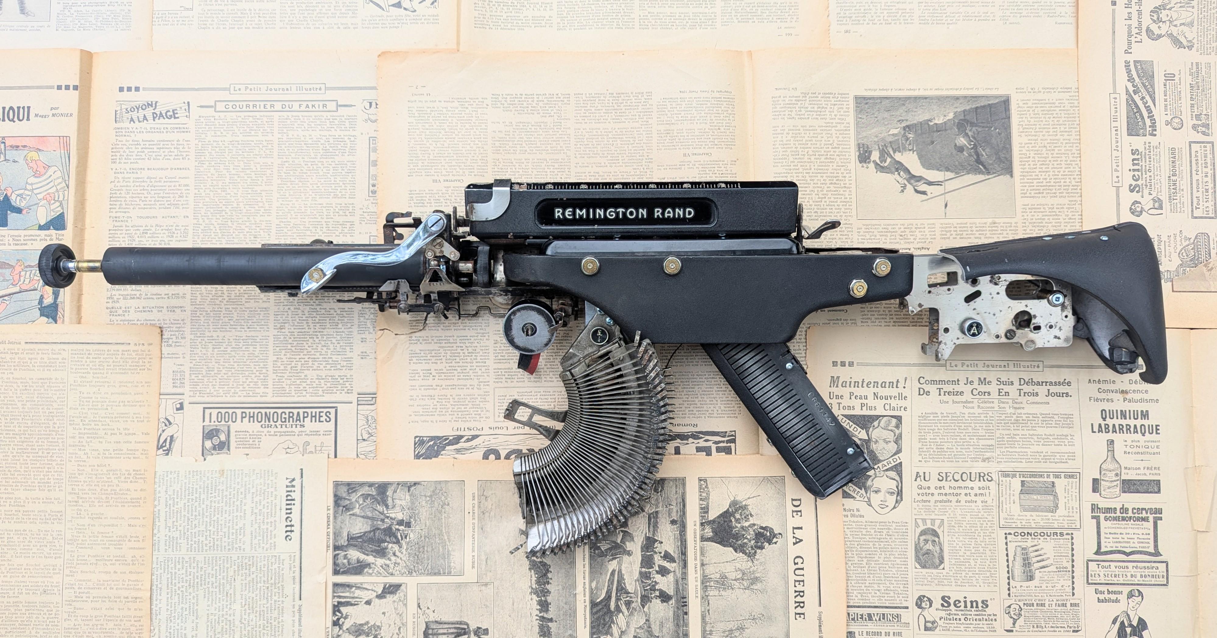 Remington Rand A, Vintage Typewriter Machine Gun, conceptual wall sculpture