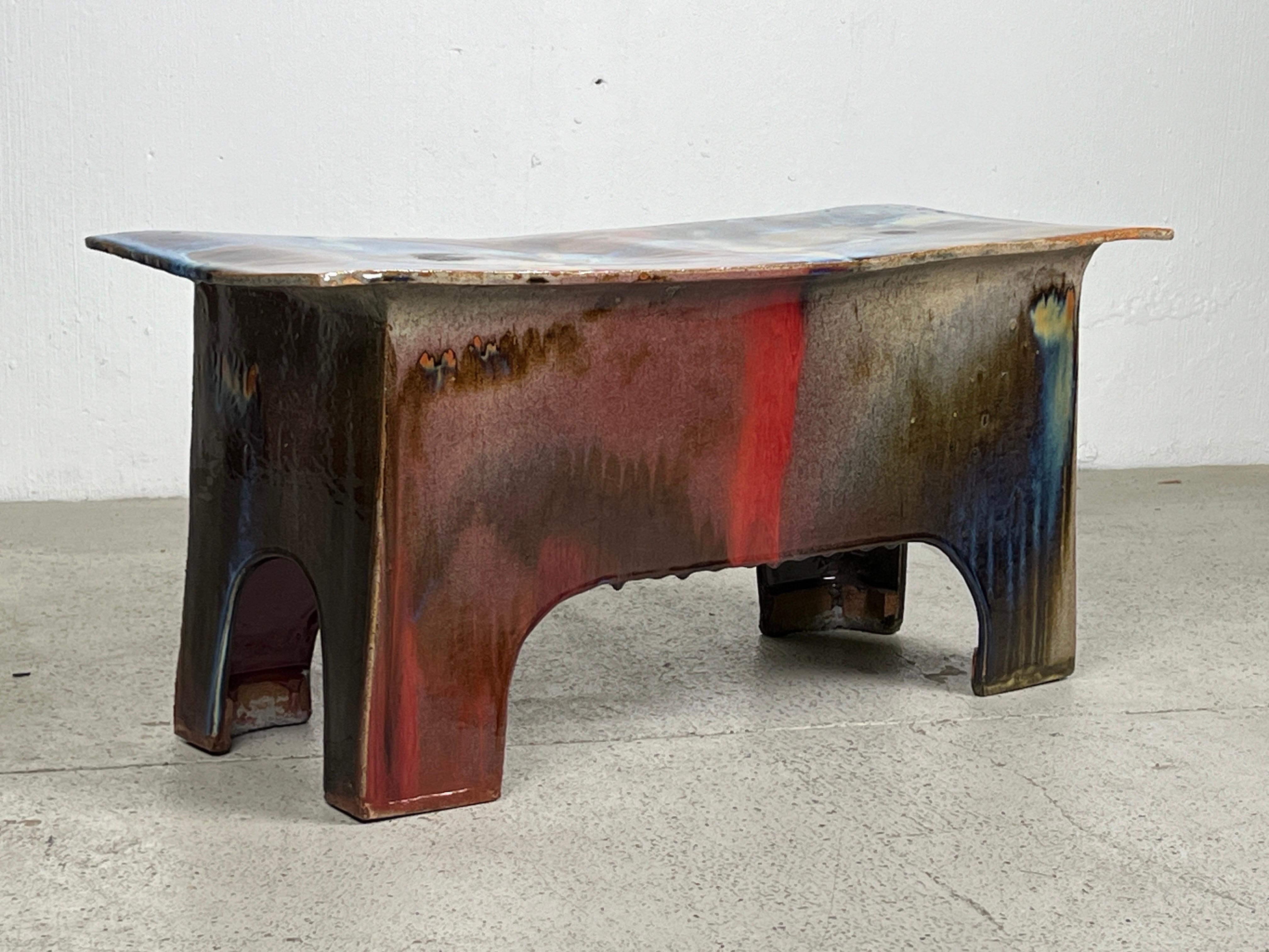 Eric O'Leary Slab rolled and hand constructed with Asiatic aesthetic and form finished in a vibrant glaze. A similar bench can be found in the permanent collection of the Museum of Fine Arts, Boston.