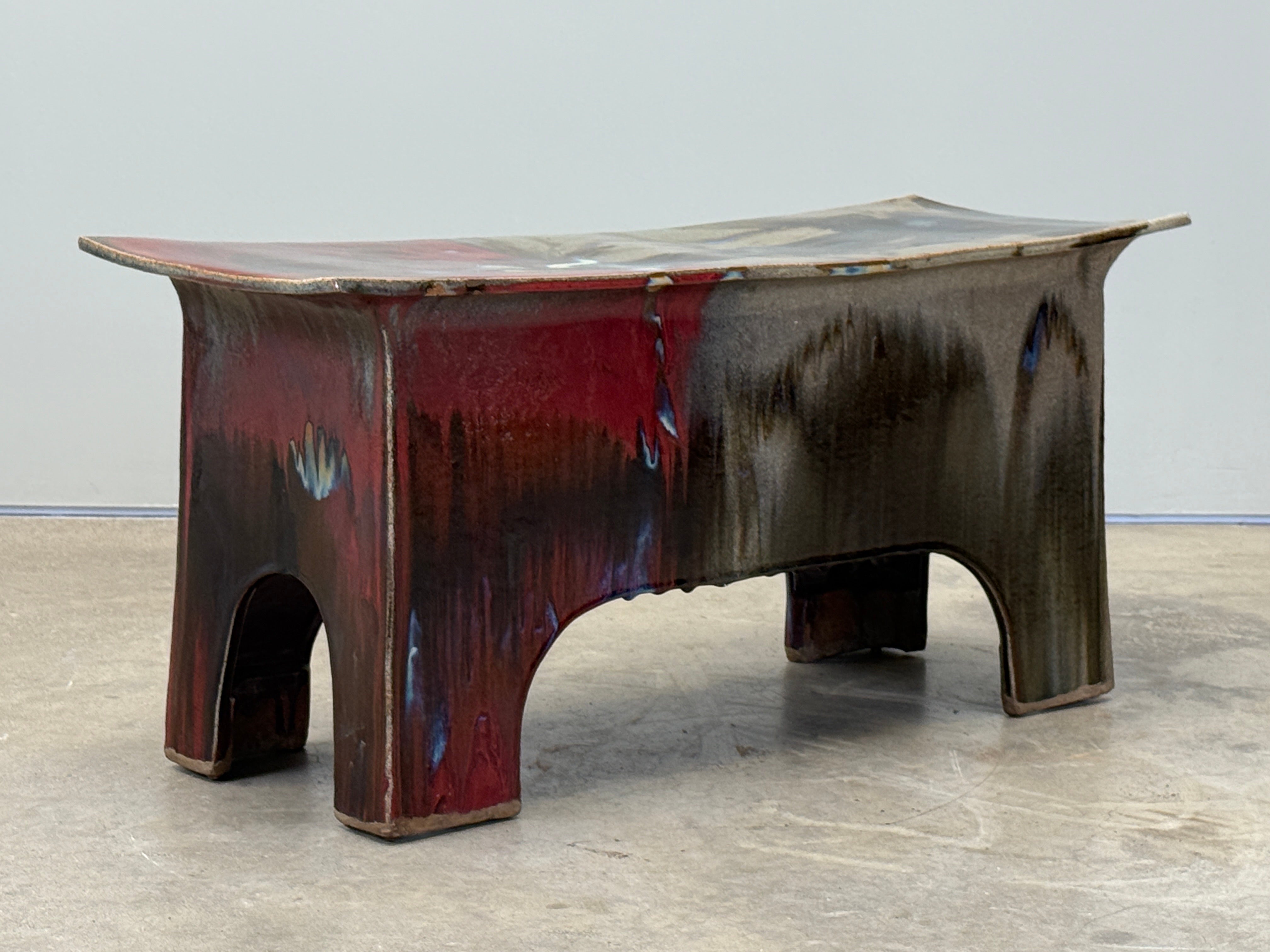 Eric O'Leary Slab rolled and hand constructed with Asiatic aesthetic and form finished in a vibrant glaze. A similar bench can be found in the permanent collection of the Museum of Fine Arts, Boston.