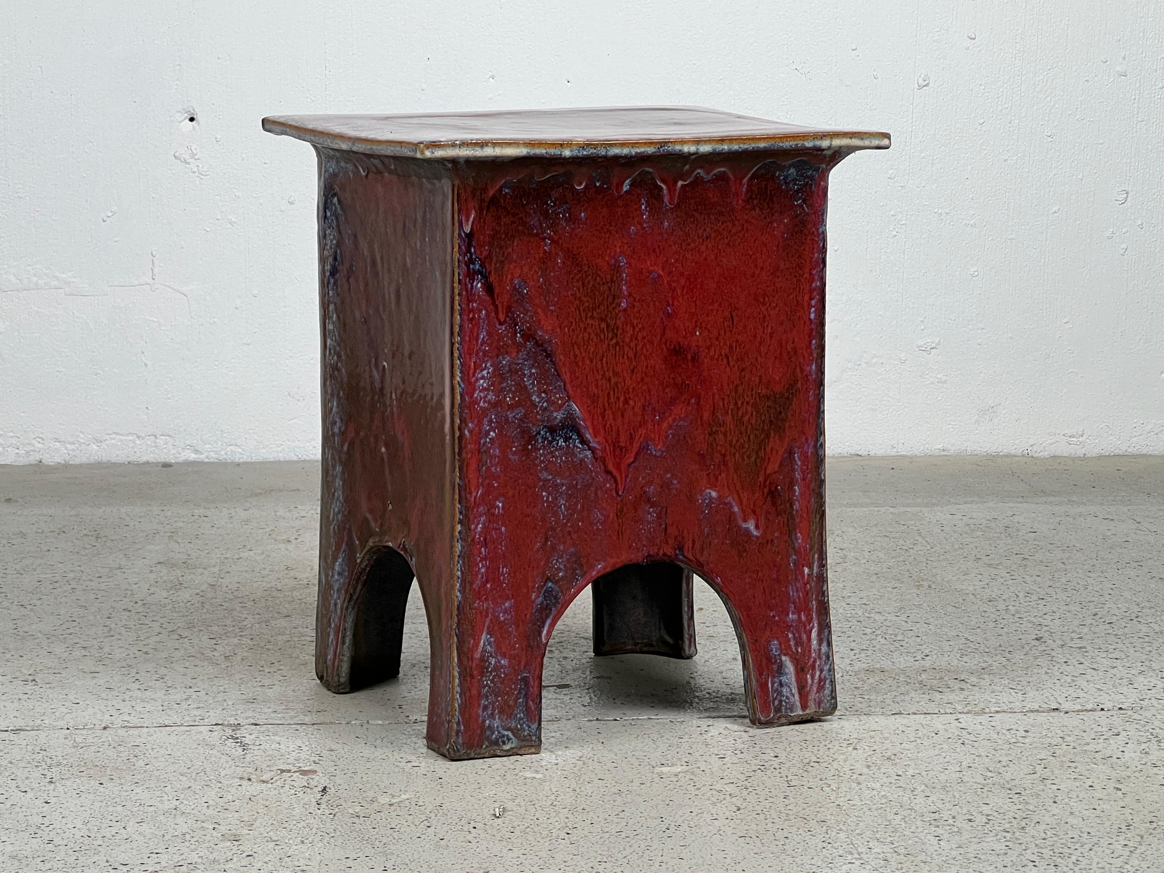 Eric O'Leary Slab rolled and hand constructed with Asiatic aesthetic and form finished in a vibrant glaze. A similar bench can be found in the permanent collection of the Museum of Fine Arts, Boston.