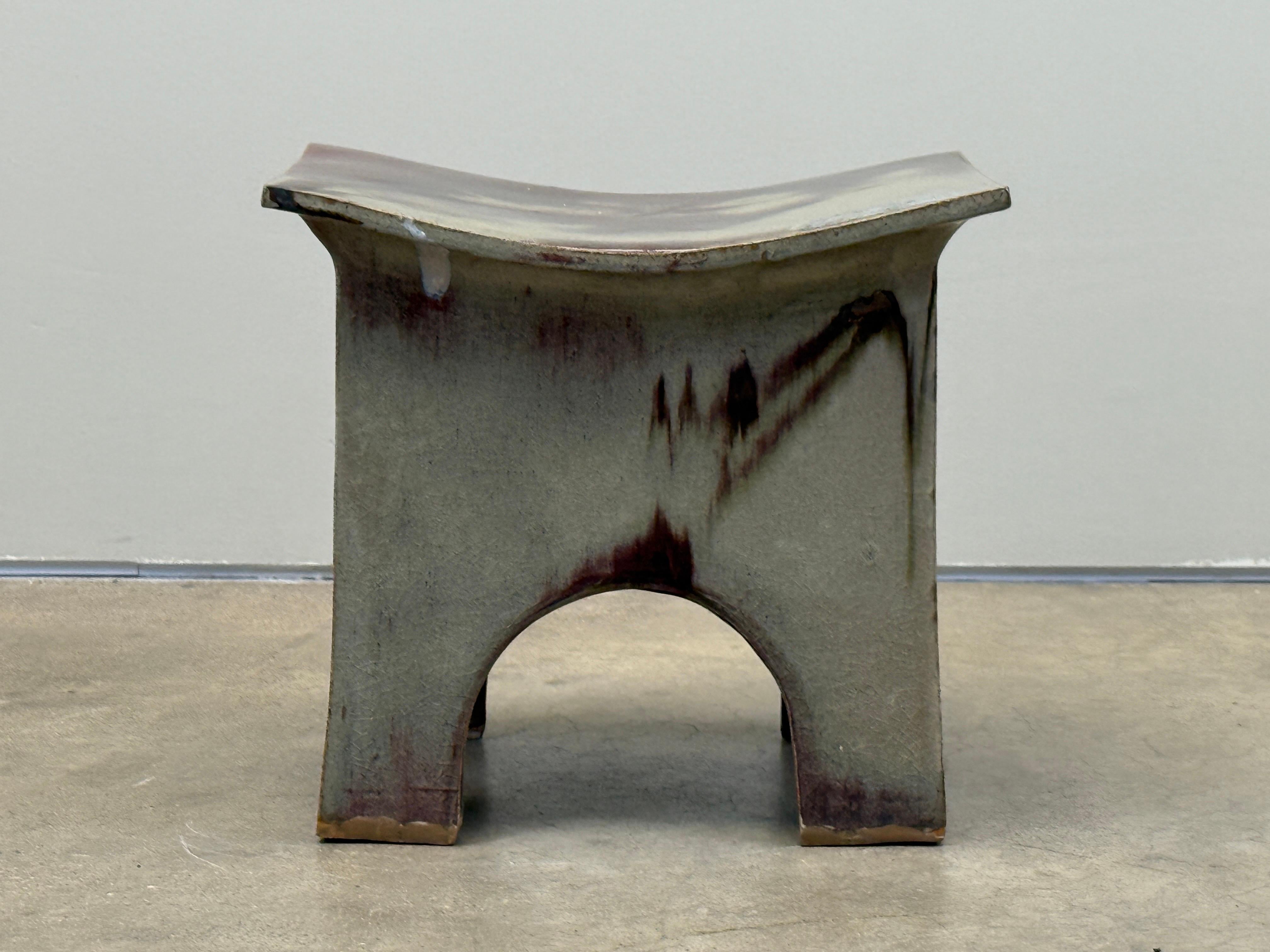 Eric O'Leary Slab rolled and hand constructed with Asiatic aesthetic and form finished in a vibrant glaze. 
A similar bench can be found in the permanent collection of the Museum of Fine Arts, Boston.