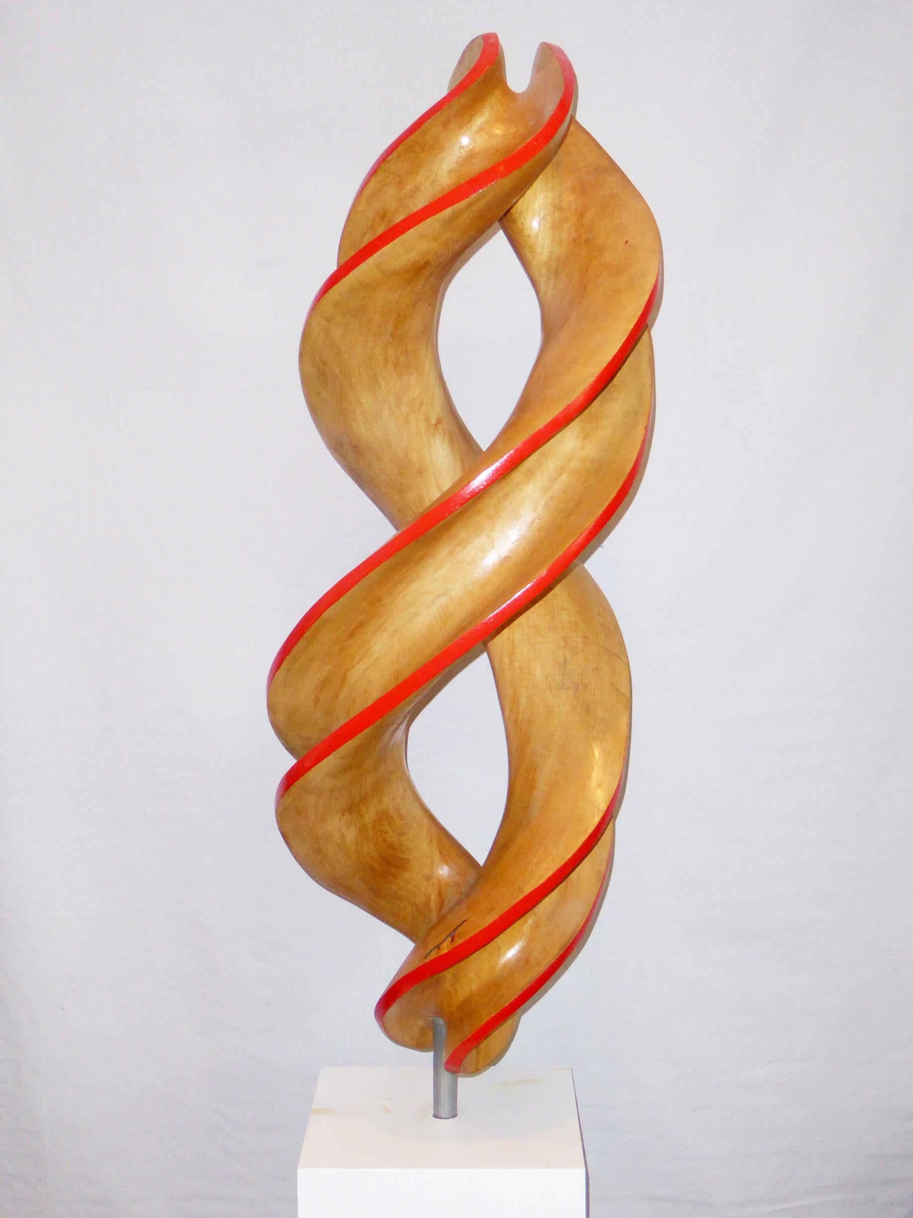 Eric Pesso Abstract Sculpture - Spiral#2-Red, large maple sculpture, carved, painted elements