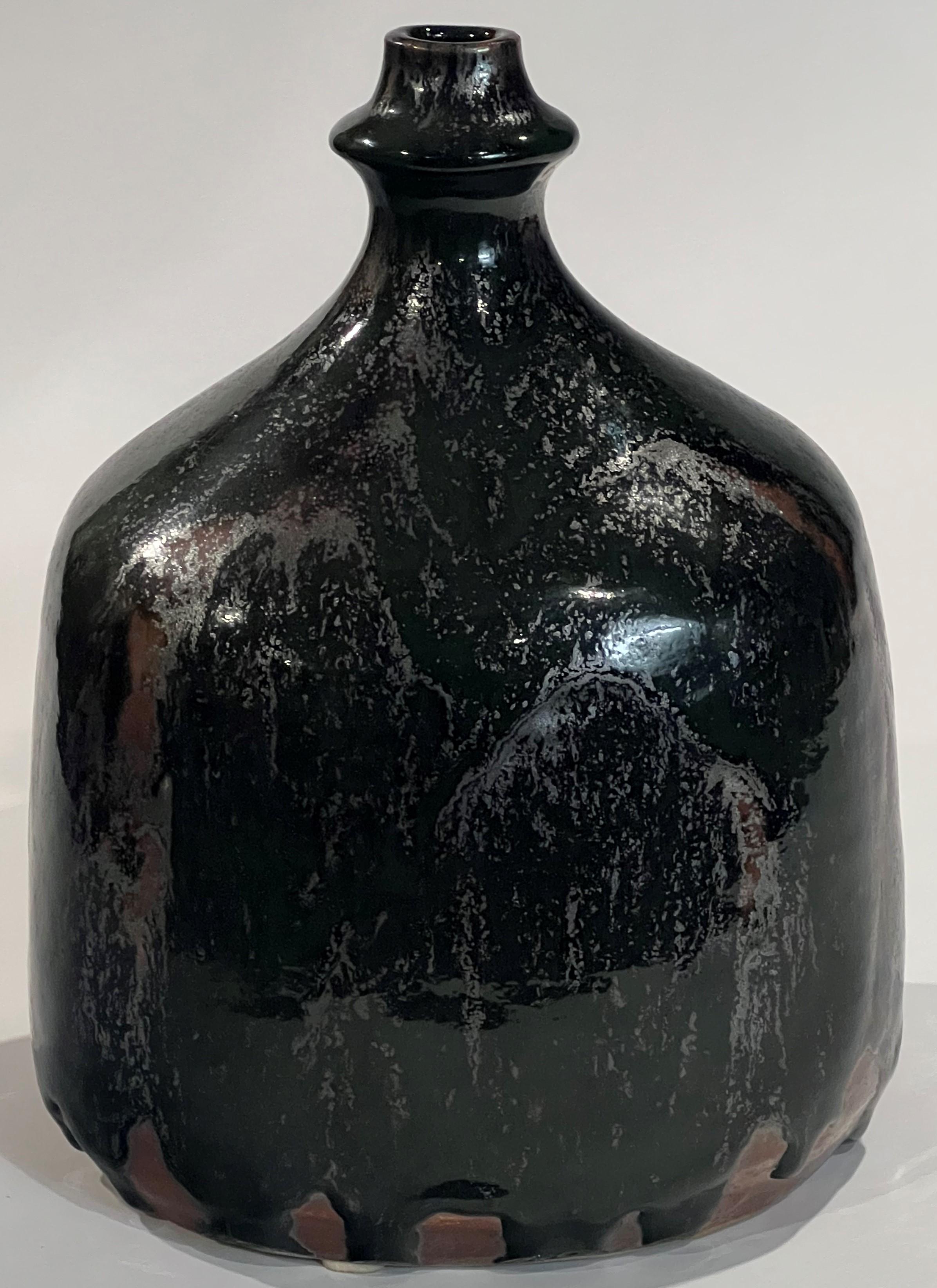 Eric Ploen Studio Ceramic Bottle Vase 1960's Oil Fired Tenmoku and Chrome Green 1