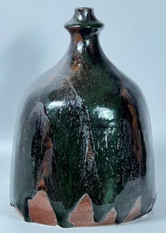 Eric Ploen Studio Ceramic Bottle Vase 1960's Oil Fired Tenmoku and Chrome Green