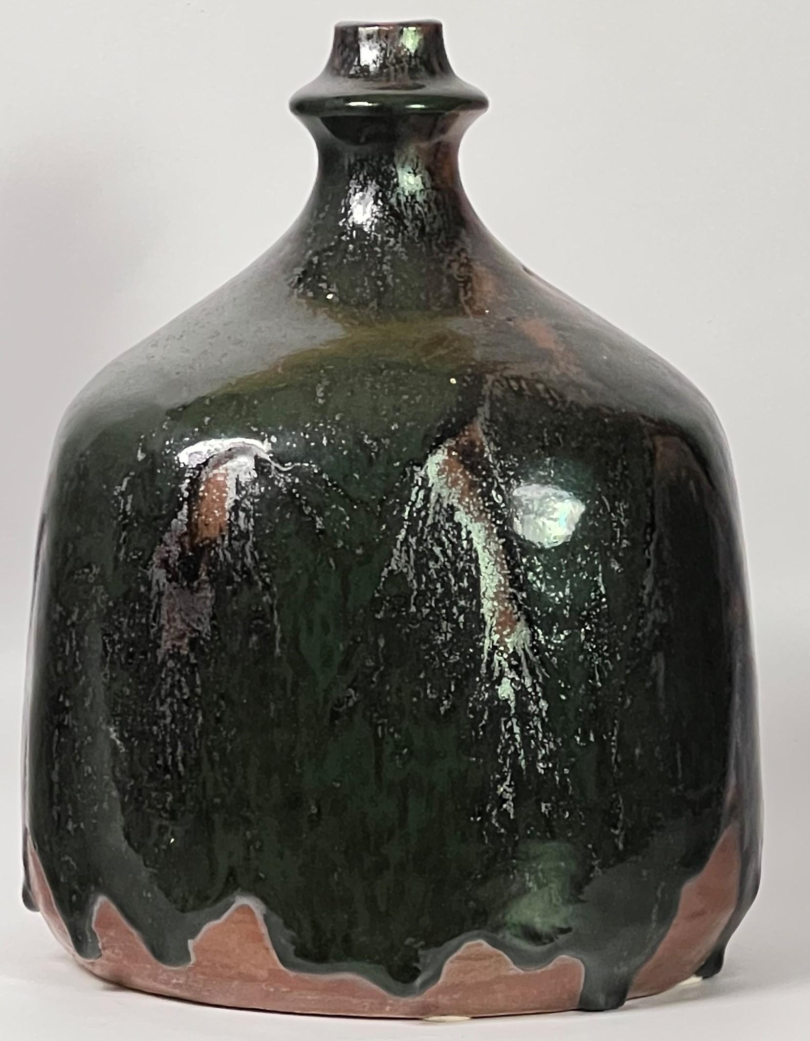 Mid-Century Modern Eric Ploen Studio Ceramic Bottle Vase 1960's Oil Fired Tenmoku and Chrome Green