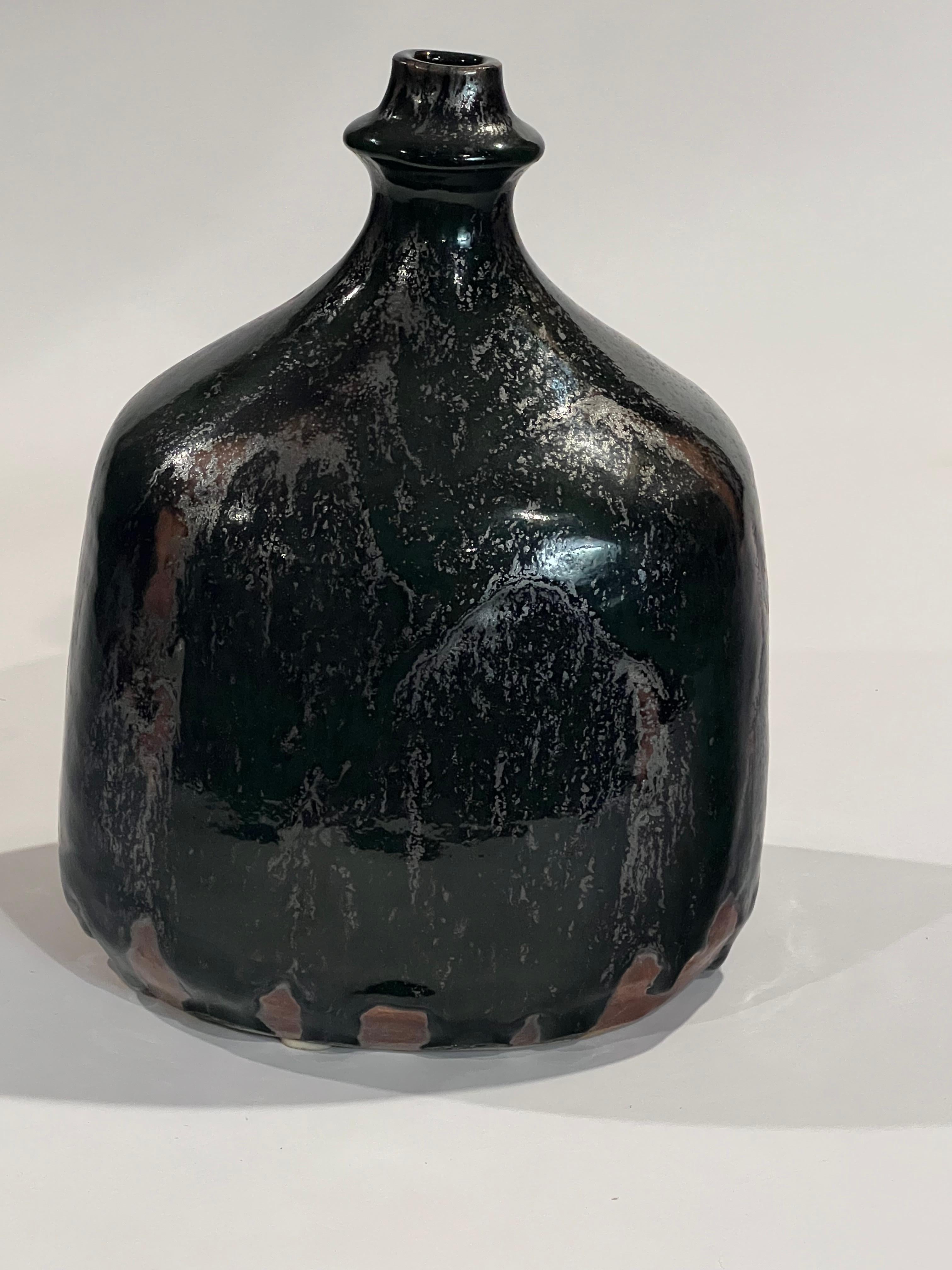 Norwegian Eric Ploen Studio Ceramic Bottle Vase 1960's Oil Fired Tenmoku and Chrome Green