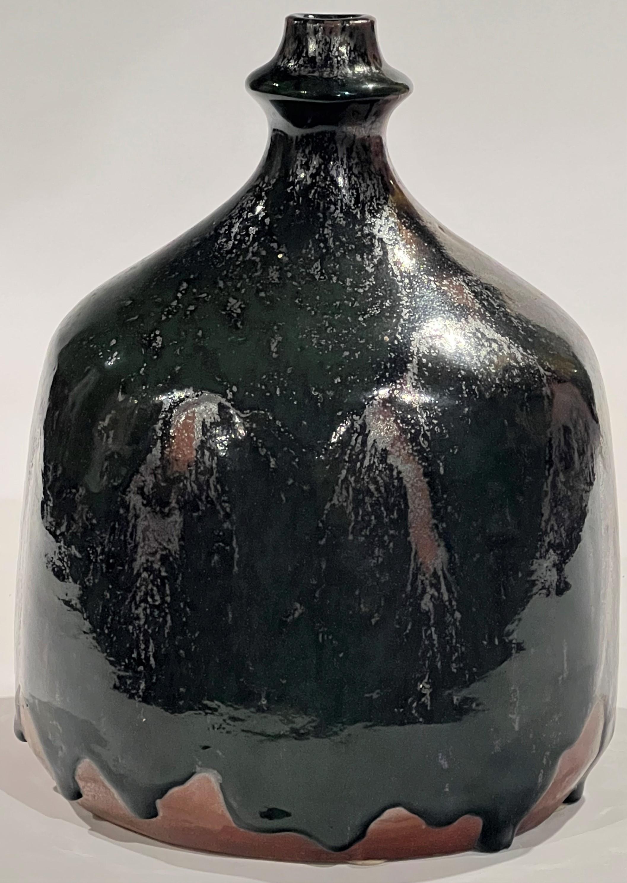 Hand-Crafted Eric Ploen Studio Ceramic Bottle Vase 1960's Oil Fired Tenmoku and Chrome Green