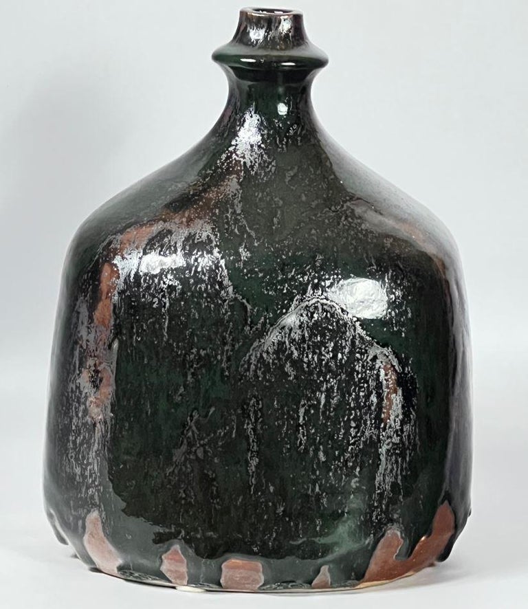 Eric Ploen Studio Ceramic Bottle Vase 1960's Oil Fired Tenmoku and Chrome Green For Sale 1