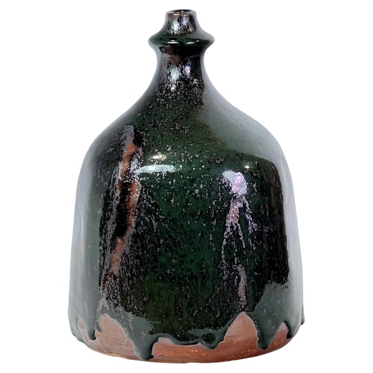 Eric Ploen Studio Ceramic Bottle Vase 1960's Oil Fired Tenmoku and Chrome Green For Sale