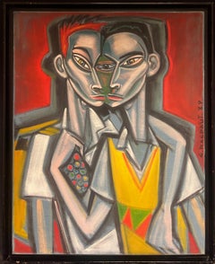 Two Men in Embrace Large French 1980's Modernist Signed Oil Painting on Canvas