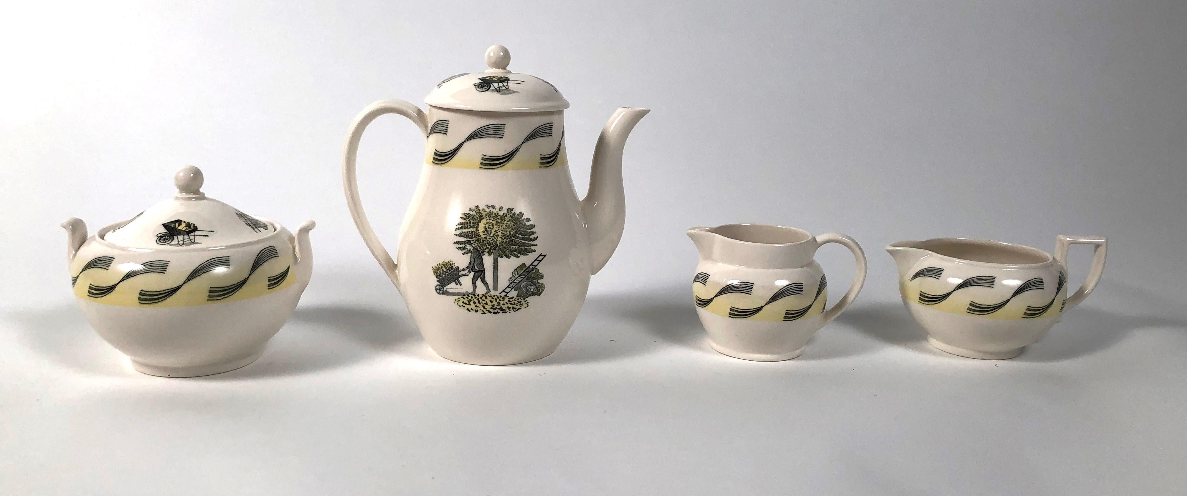 An original Eric Ravilious designed four piece coffee service for Wedgwood from the Garden series, designed circa 1938 and produced circa 1951-1954, comprising a coffee pot with cover, covered sugar bowl and 2 creamers in different shapes, in