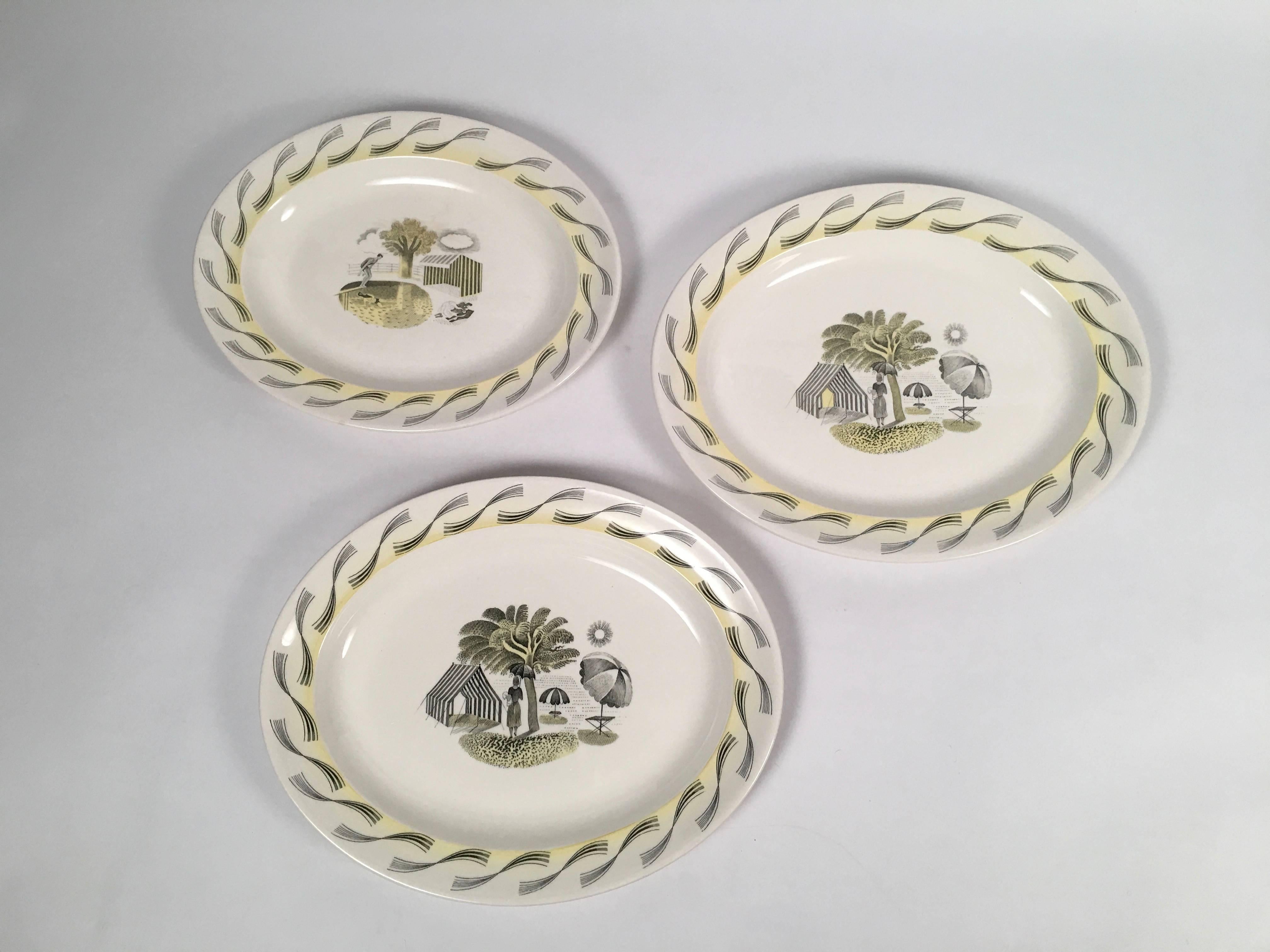 Hand-Painted Eric Ravilious Wedgwood Garden Series Oval Platter with Woman and Umbrellas
