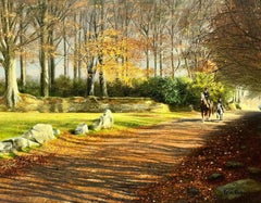 Fine British Oil Painting Horses Walking in Autumn Light, Impressive Frame