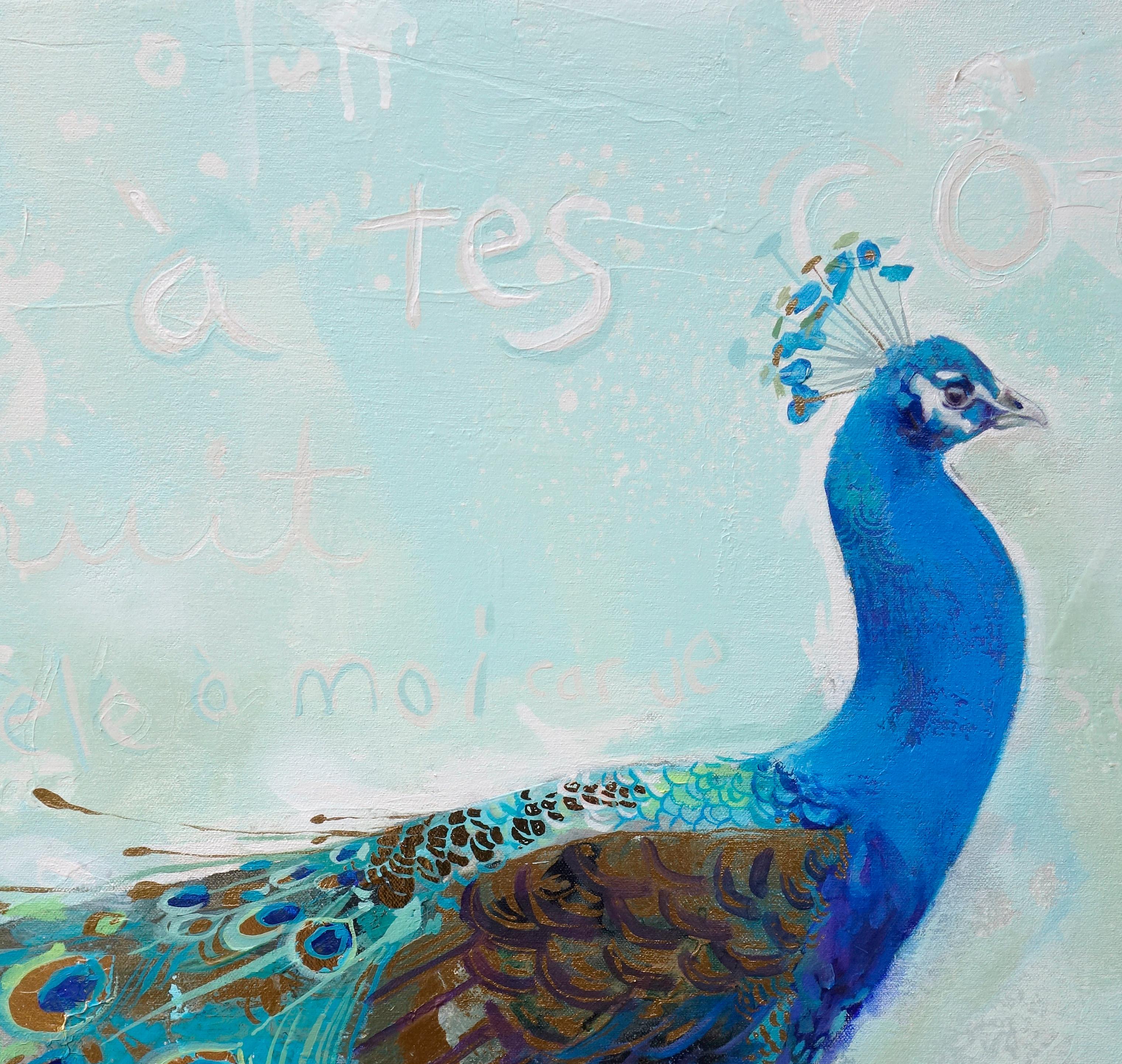  Beauté Victorienne abstract turquoise Peacock with bold colors, layered texture - Painting by Eric Robitaille