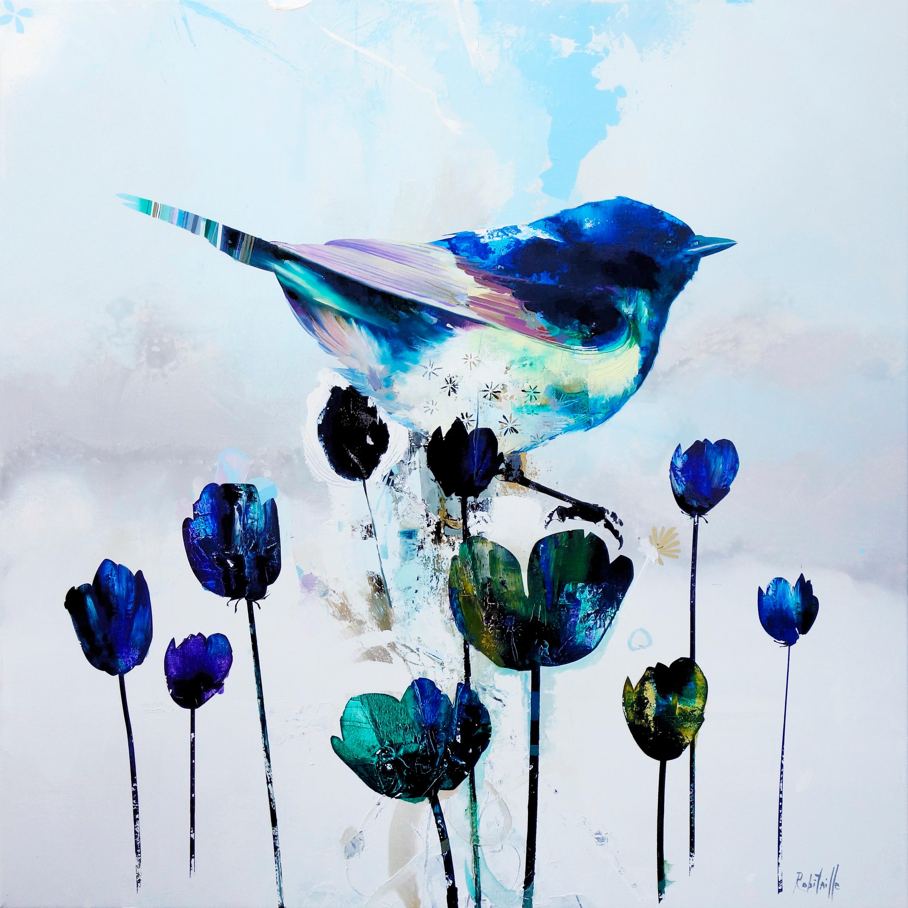 Eric Robitaille Animal Painting - "Blue Free Will" Square realist abstract oil painting with blue bird and flowers