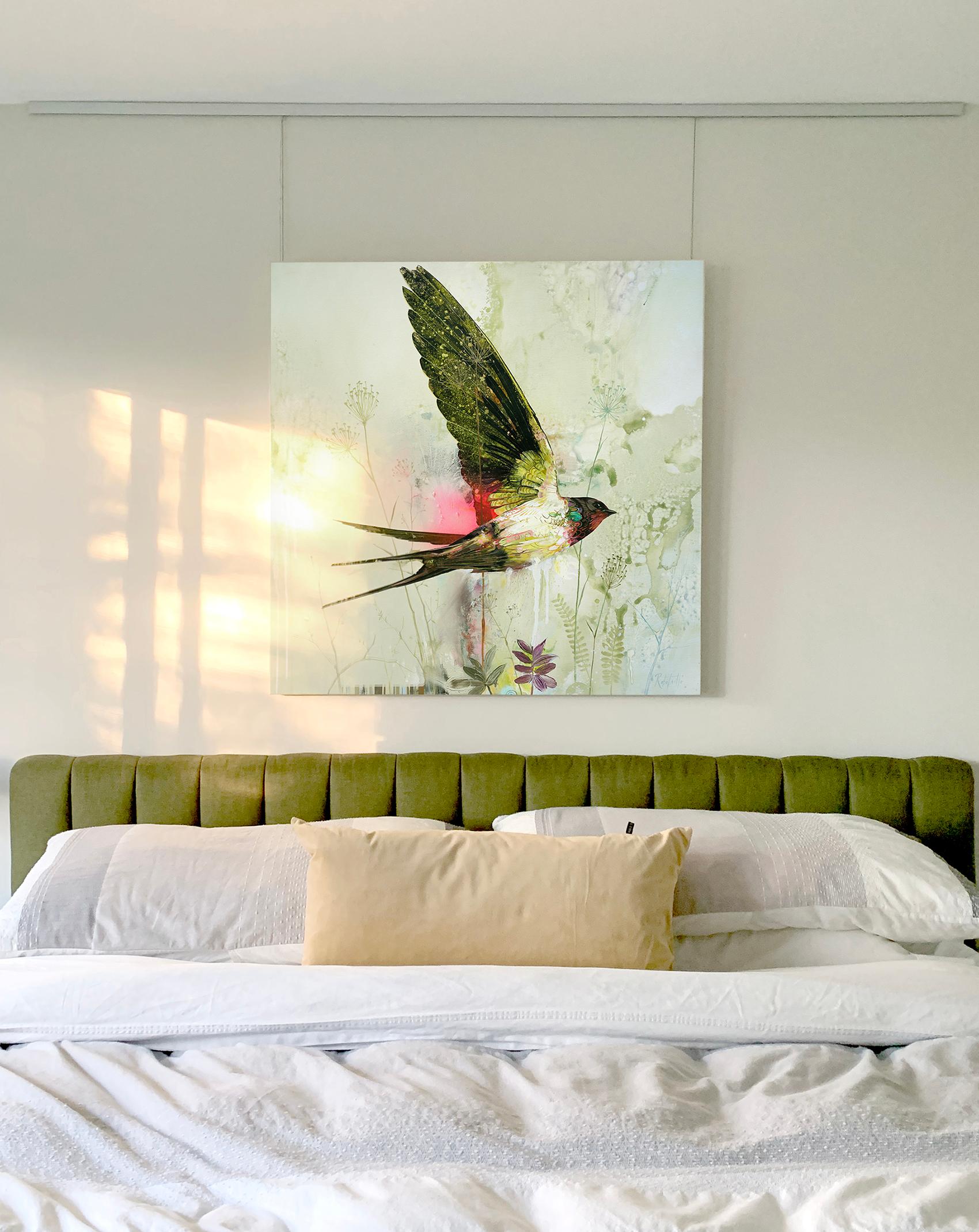 Drizzle & Supernova, Realist abstract of bird flying, yellow nature patterns - Painting by Eric Robitaille