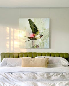 Llovizna y Supernova, abstracto realista de pájaro volando, patrones amarillos de la naturaleza