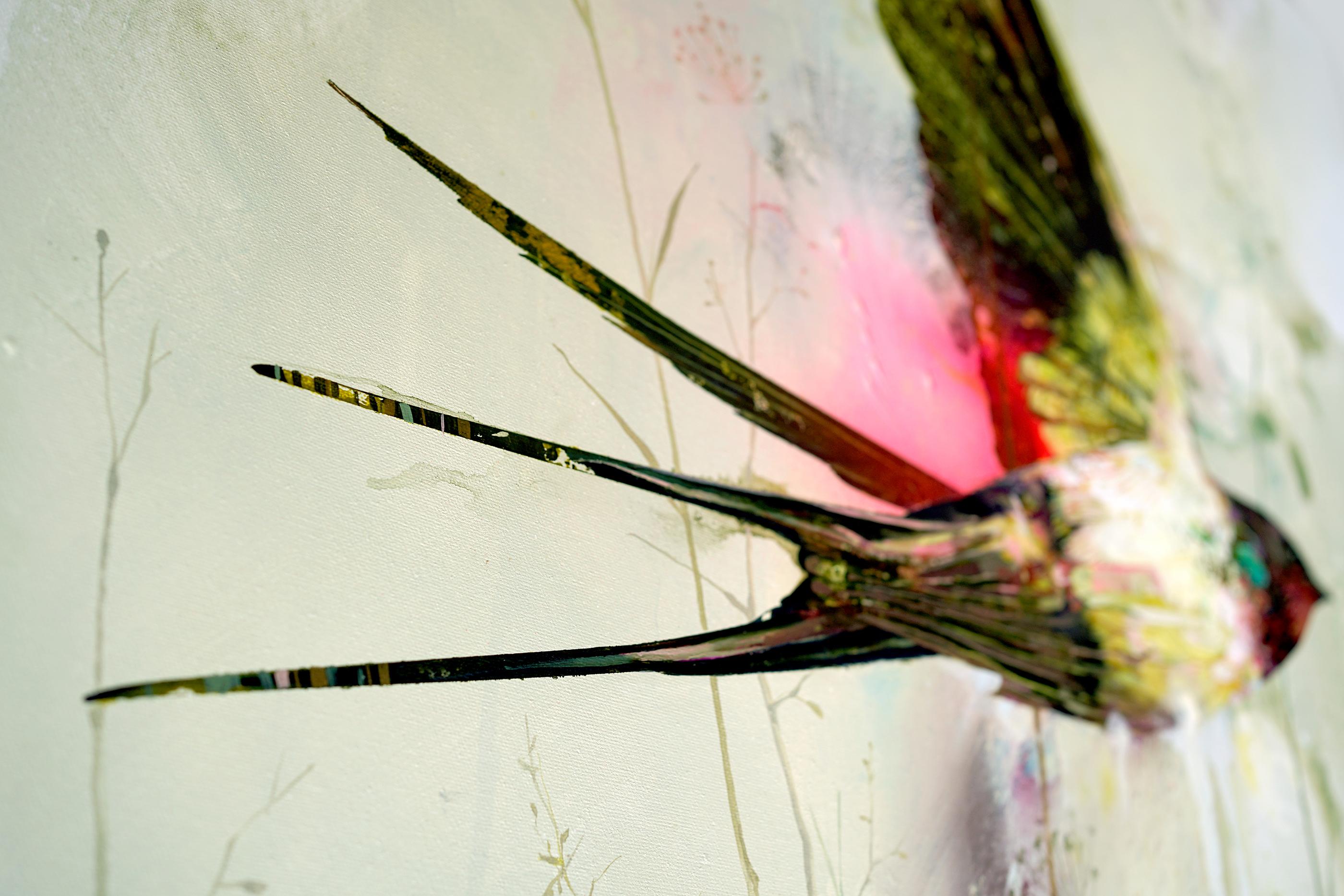 Drizzle & Supernova, Realist abstract of bird flying, yellow nature patterns - Beige Landscape Painting by Eric Robitaille