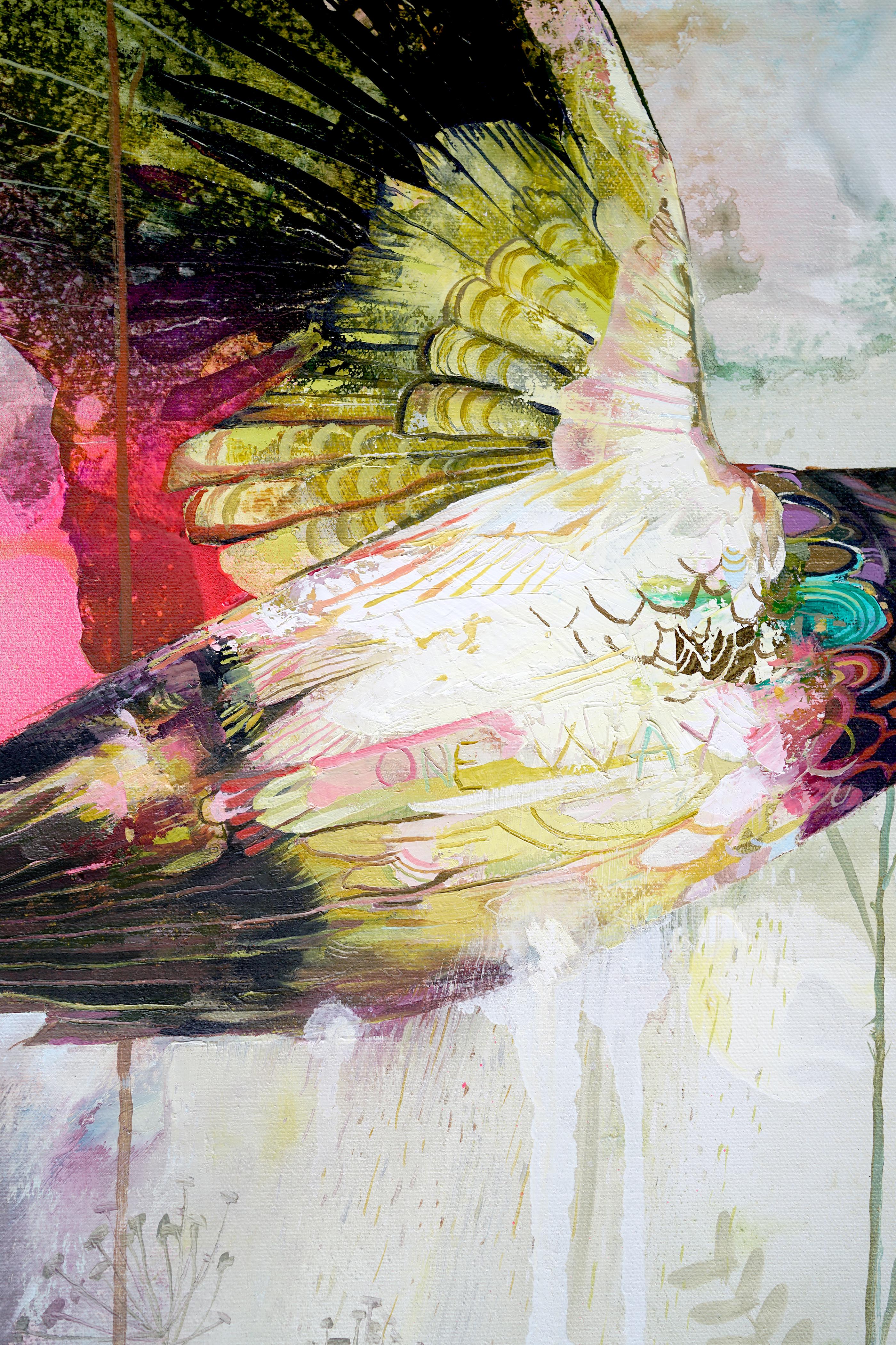 Drizzle & Supernova is a radiant and uplifting contemporary painting by Eric Robitaille, celebrating the energy of flight and the beauty of nature. A swallow bursts across the canvas in midair, its wings glimmering with layers of gold, green, and