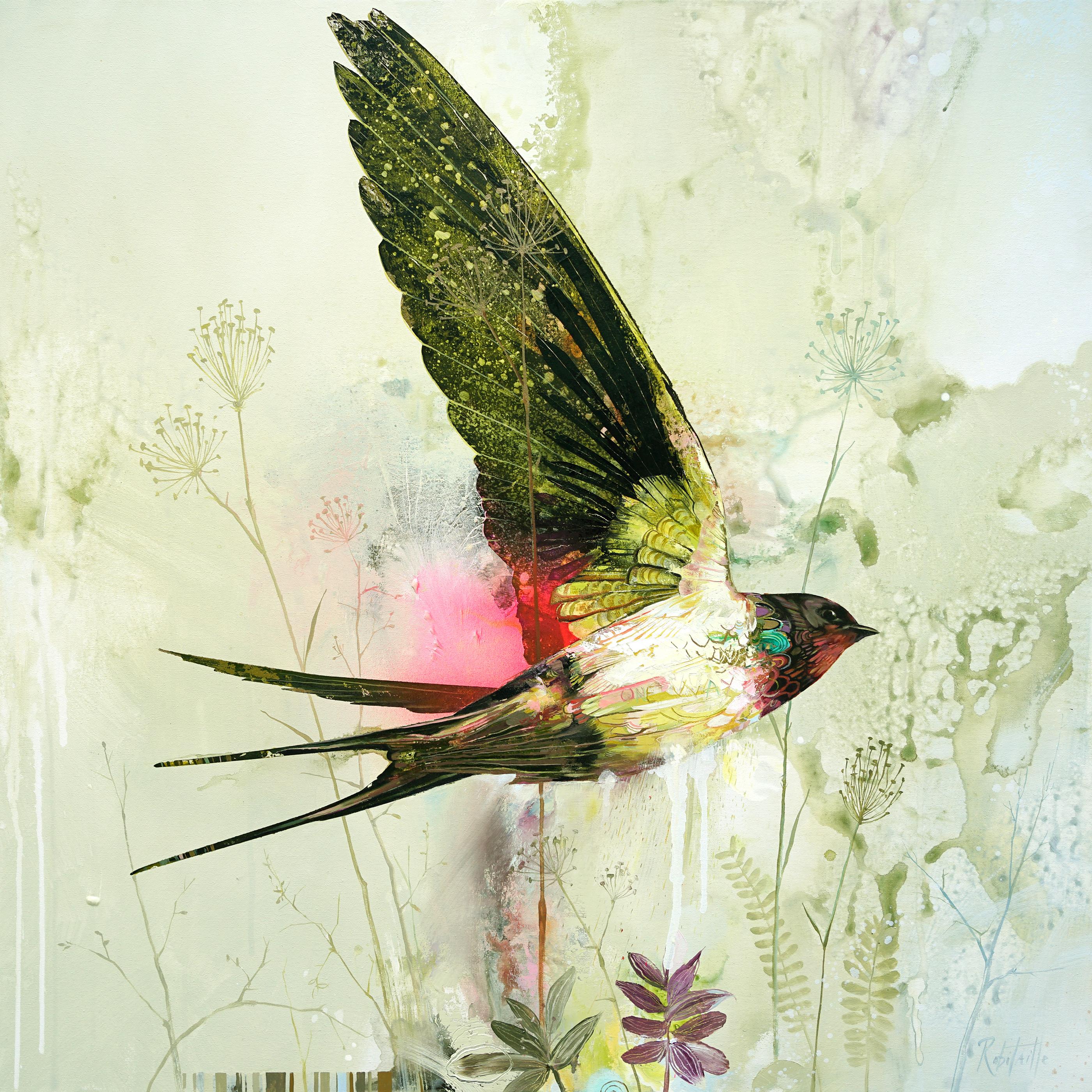 Animal Painting Eric Robitaille - Bruine et Supernova, peinture à l'huile abstraite réaliste avec oiseau volant, couleur ensoleillée