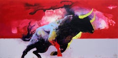 Entre Ciel et Terre - red contemporary abstract and bold colors painting w bull