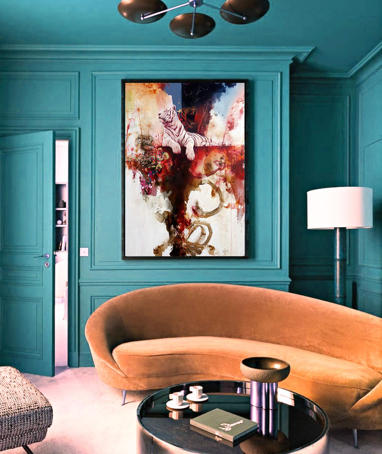 Fissure, Tiger oil painting, abstract realism, layered texture and bright colors - Painting by Eric Robitaille
