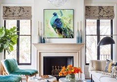 Hanging Garden II, Vibrant peacock oil painting, abstract realism and texture