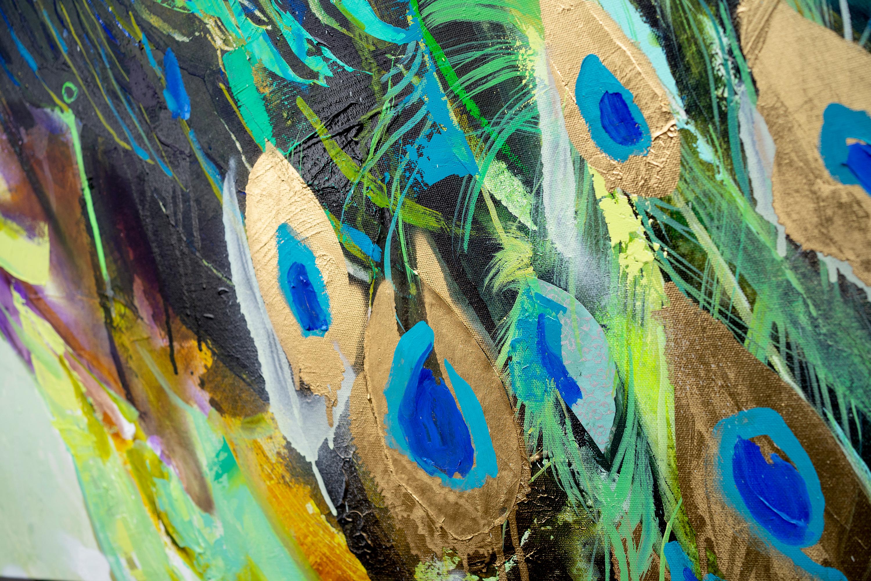 Jardín colgante II, Pintura al óleo Pavo real vibrante, realismo abstracto y textura - Painting Contemporáneo de Eric Robitaille
