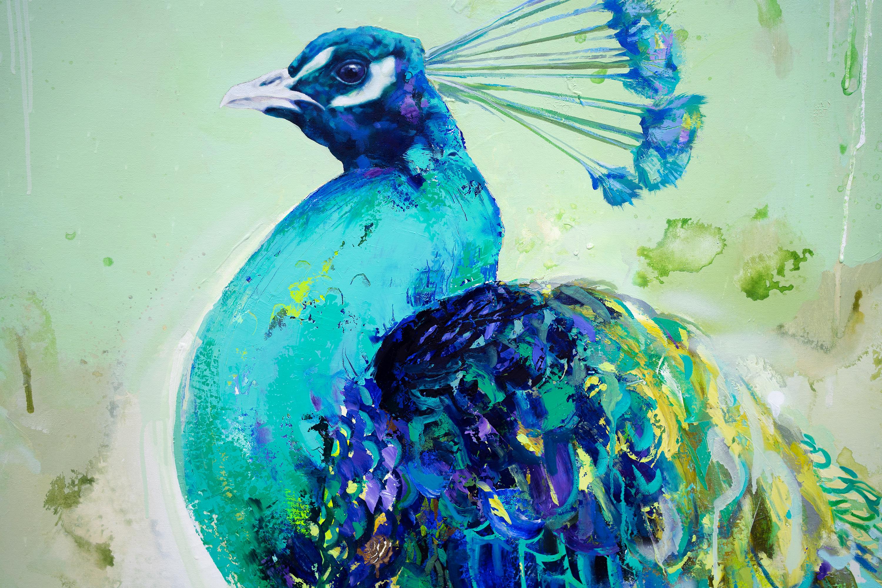 Jardín colgante II, Pintura al óleo Pavo real vibrante, realismo abstracto y textura - Abstract Painting Verde de Eric Robitaille