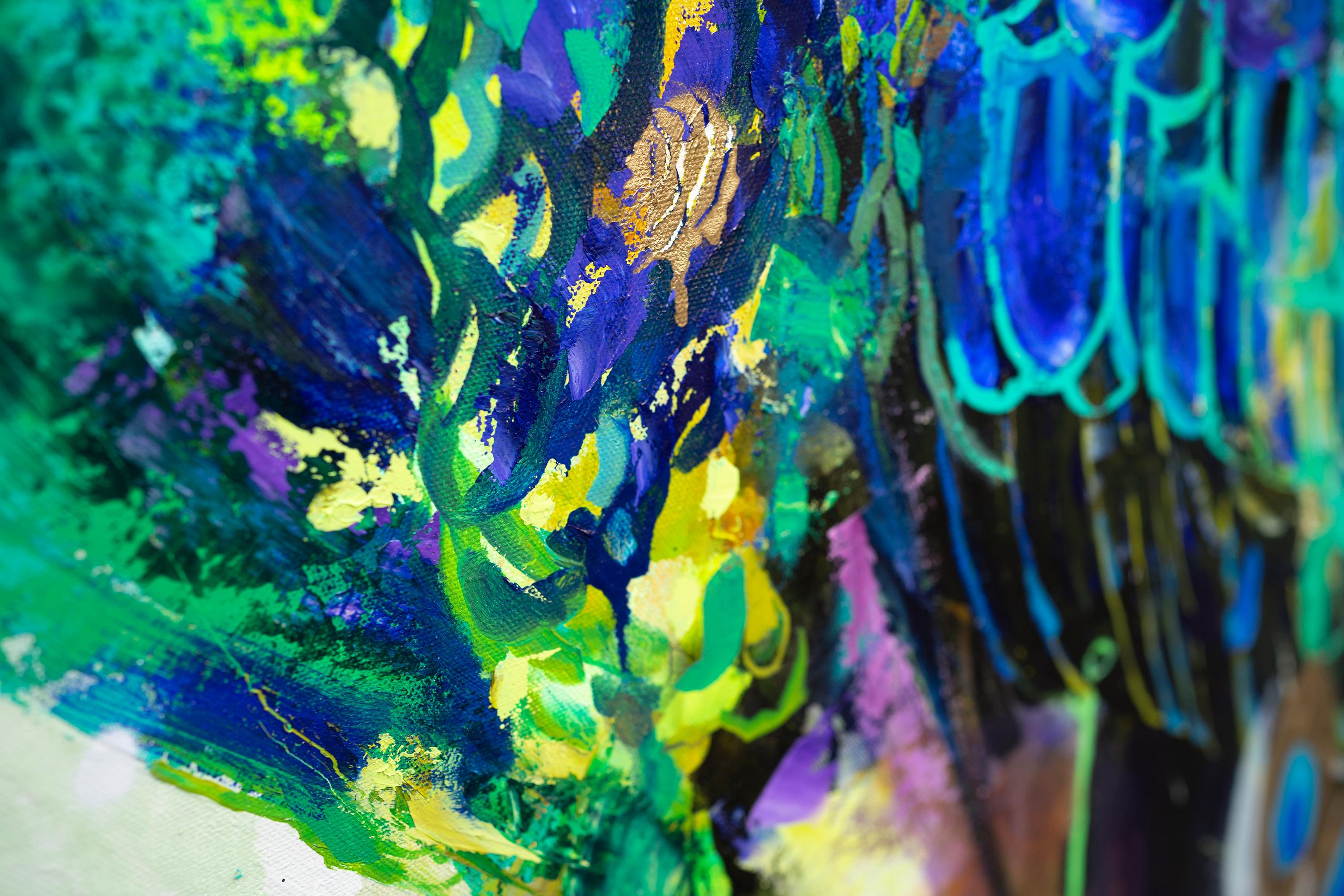 Jardín colgante II, Pintura al óleo Pavo real vibrante, realismo abstracto y textura en venta 1