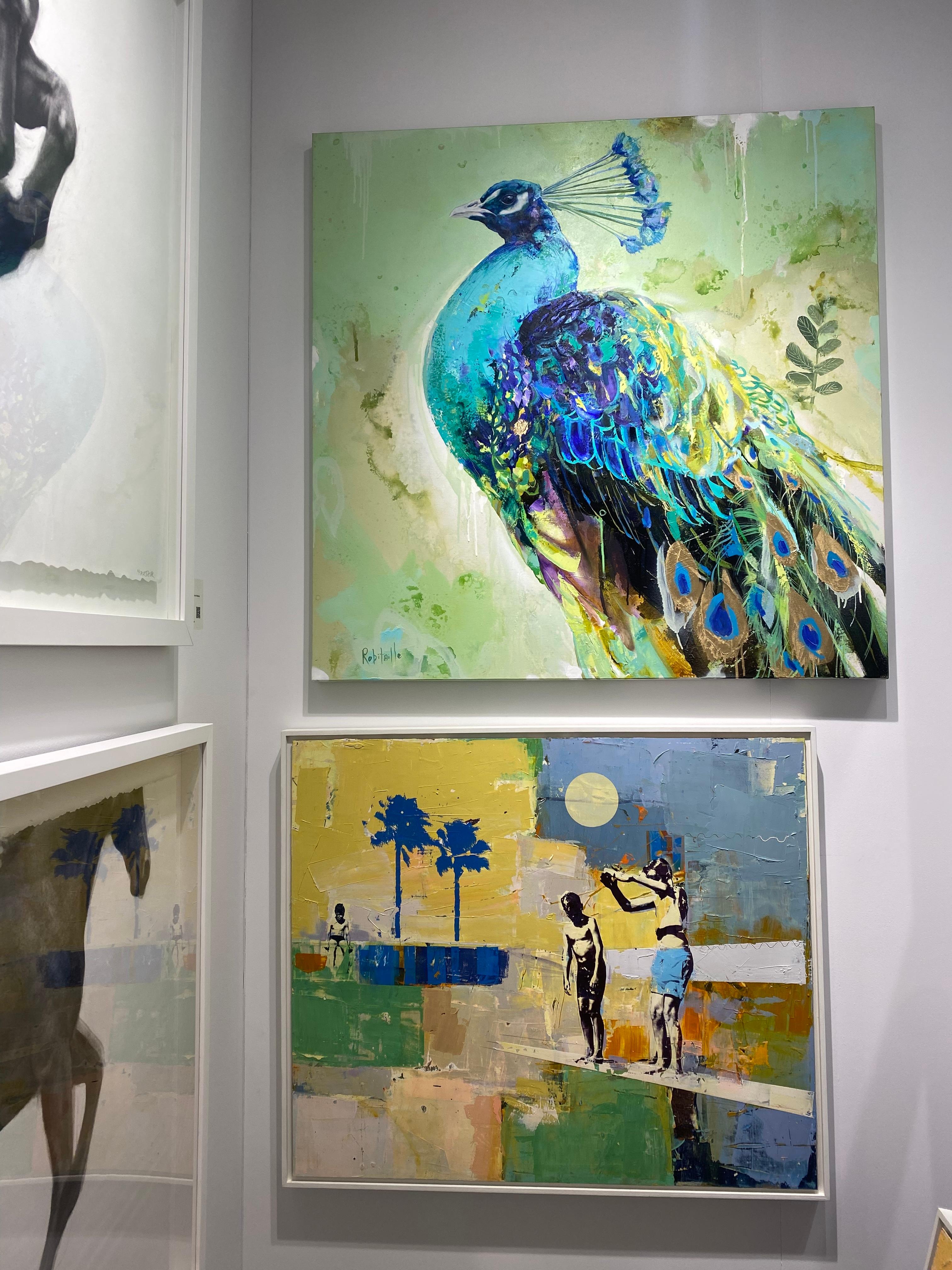 Jardín colgante II, Pintura al óleo Pavo real vibrante, realismo abstracto y textura en venta 2